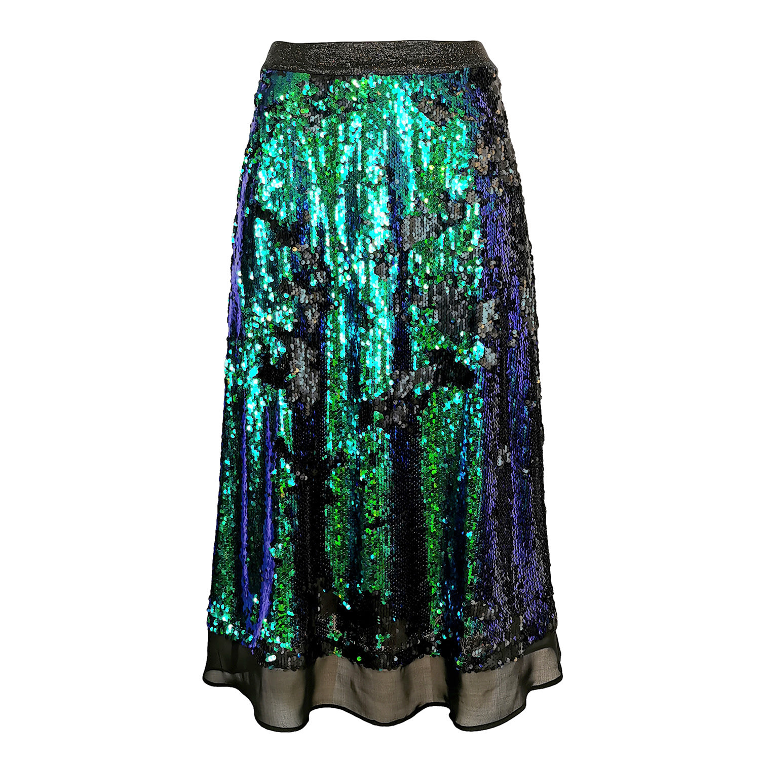 Women’s Double-Sided Sax & Green Sequin-Embellished A-Line Midi Skirt Extra Small Lalipop Design