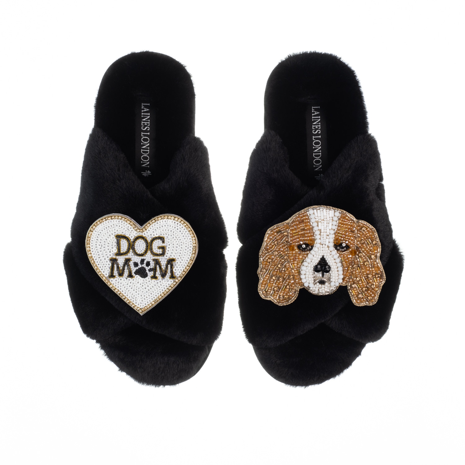 Classic Laines Slippers With Lady The King Charles & Dog Mum / Mom Brooches - Black Small Laines London