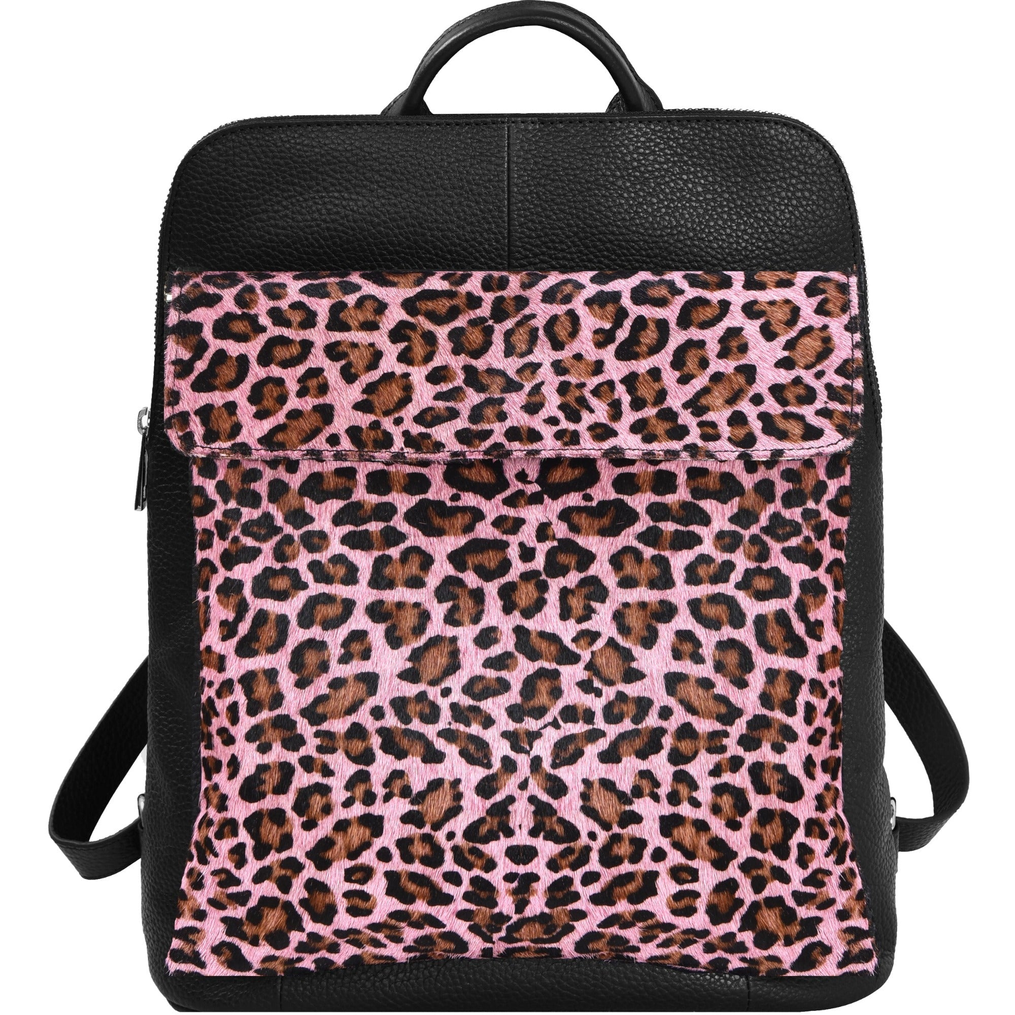 Women’s Black / Pink / Purple Pink Animal Print Leather Flap Pocket Backpack Brix+Bailey