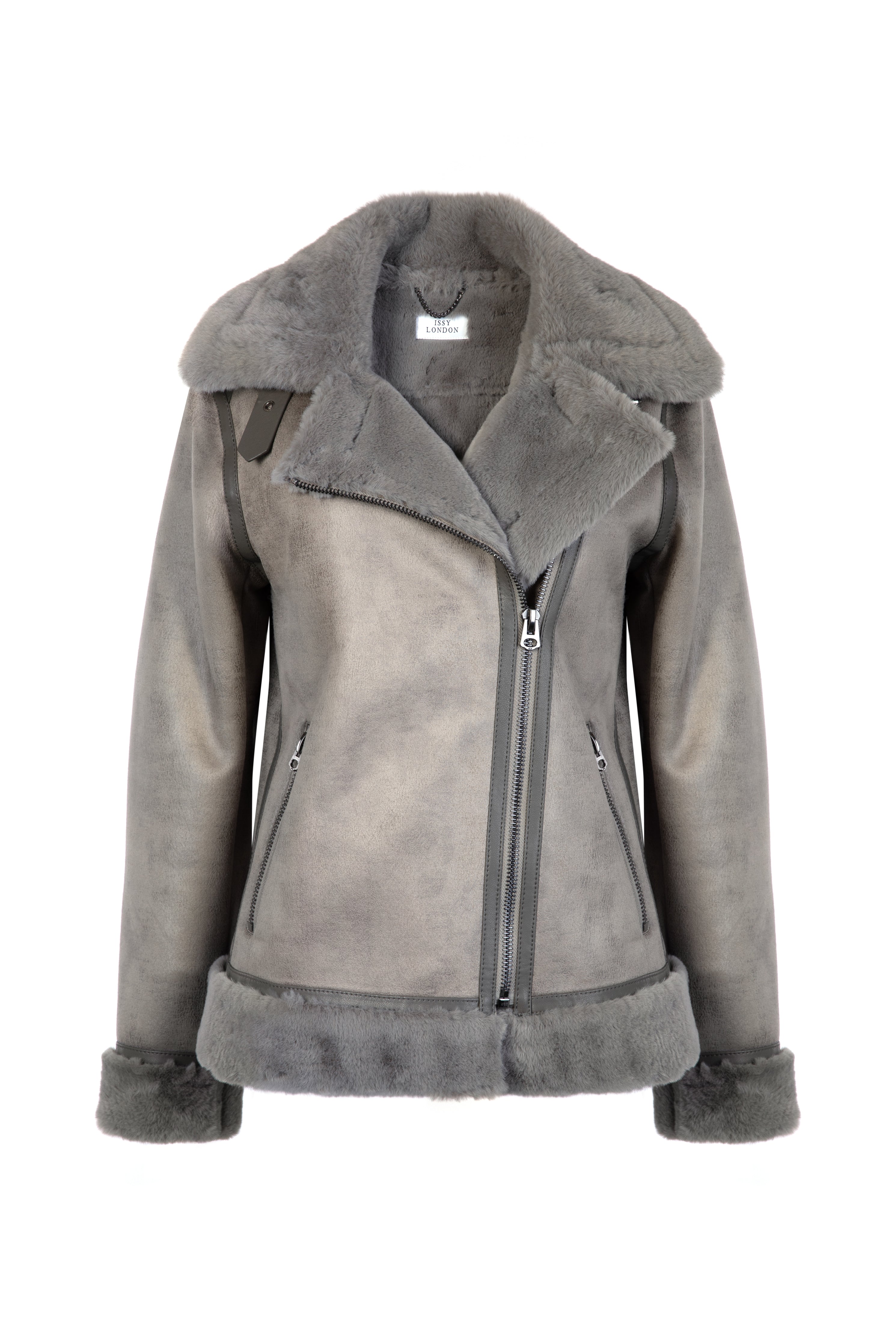 Women’s Neutrals Kate Faux Shearling Biker Jacket Grey Medium Issy London