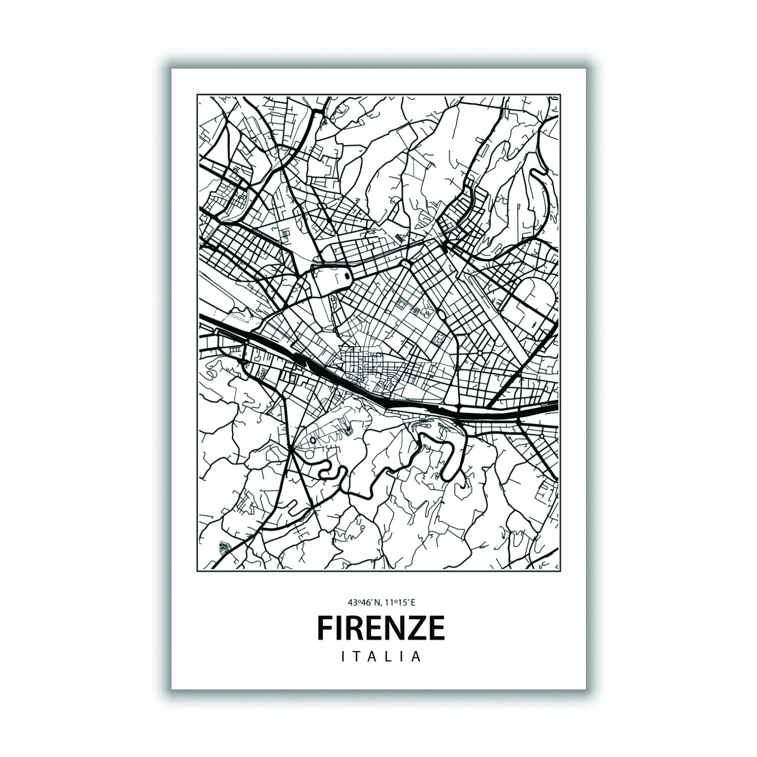 Black Map Of Firenze Italy A4 210 X 297Mm Stanley Print House