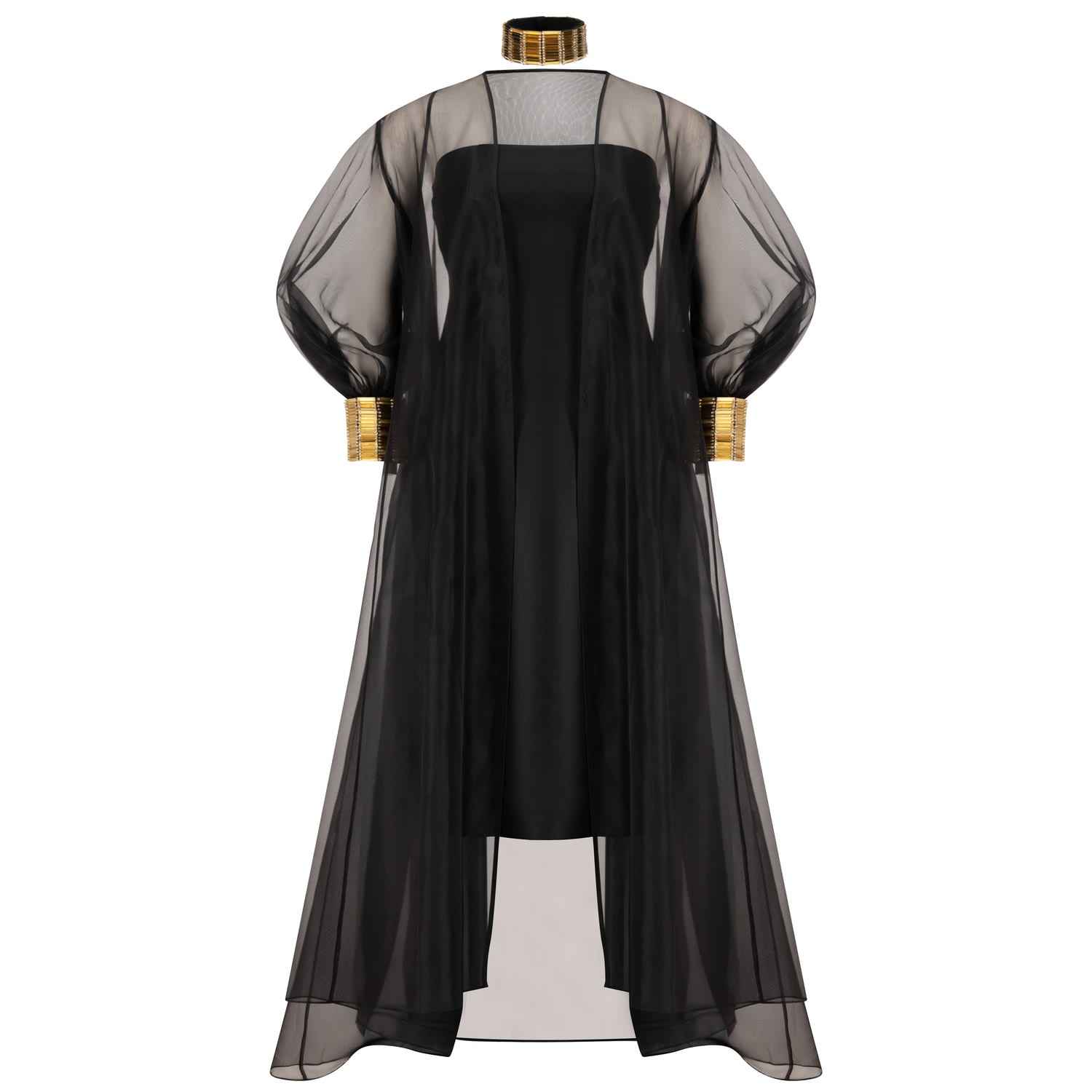 Women’s Silk Organza Abaya In Princess Cut With Puffed Sleeves And A Fully Embroidered Cuff With Metal Embellishment And Crystals Small Azzalia