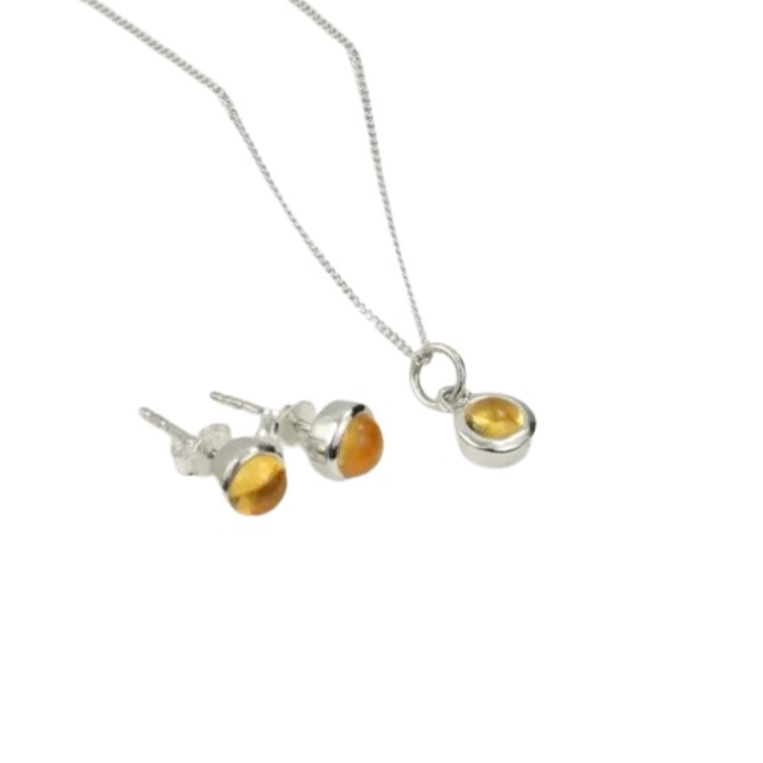 Women’s Silver / Yellow / Orange November Birthstone Jewellery Set In Sterling Silver- Citrine Studs & Charm Necklace The Jewellery Store London