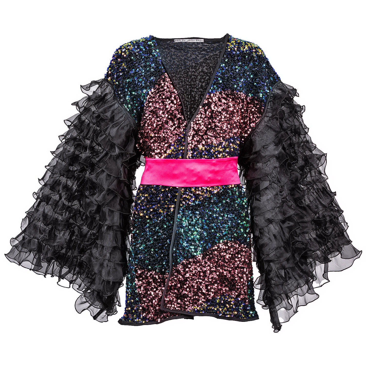 Women’s Rose Gold / Green / Black Meadow - Black Sequin Mini Dress With Colourful Sequin Patches And Chiffon Frilly Sleeves One Size Harlow Loves Daisy