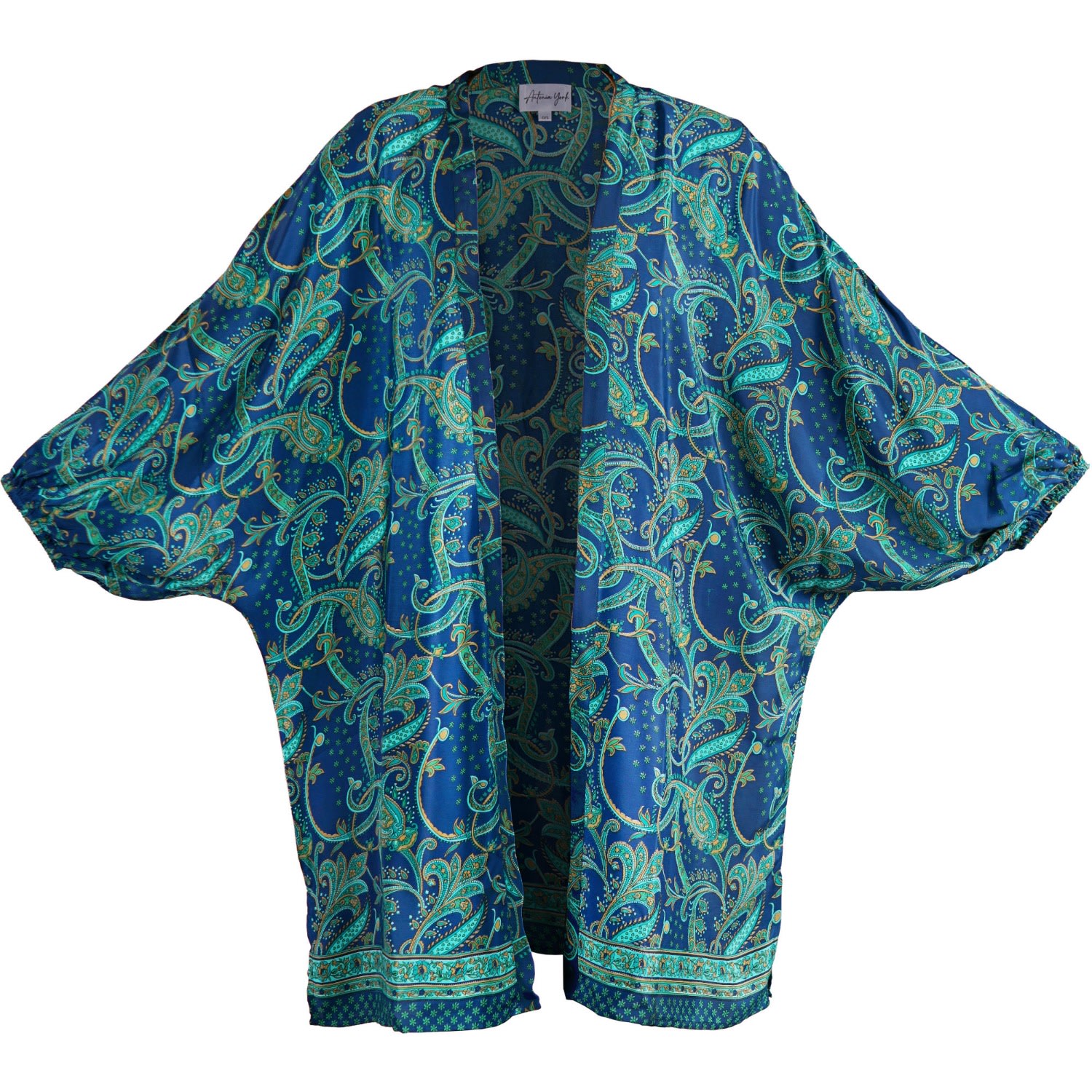 Women’s Blue Anastasia Lightweight Silky Paisley Kimono Style Jacket One Size Antonia York