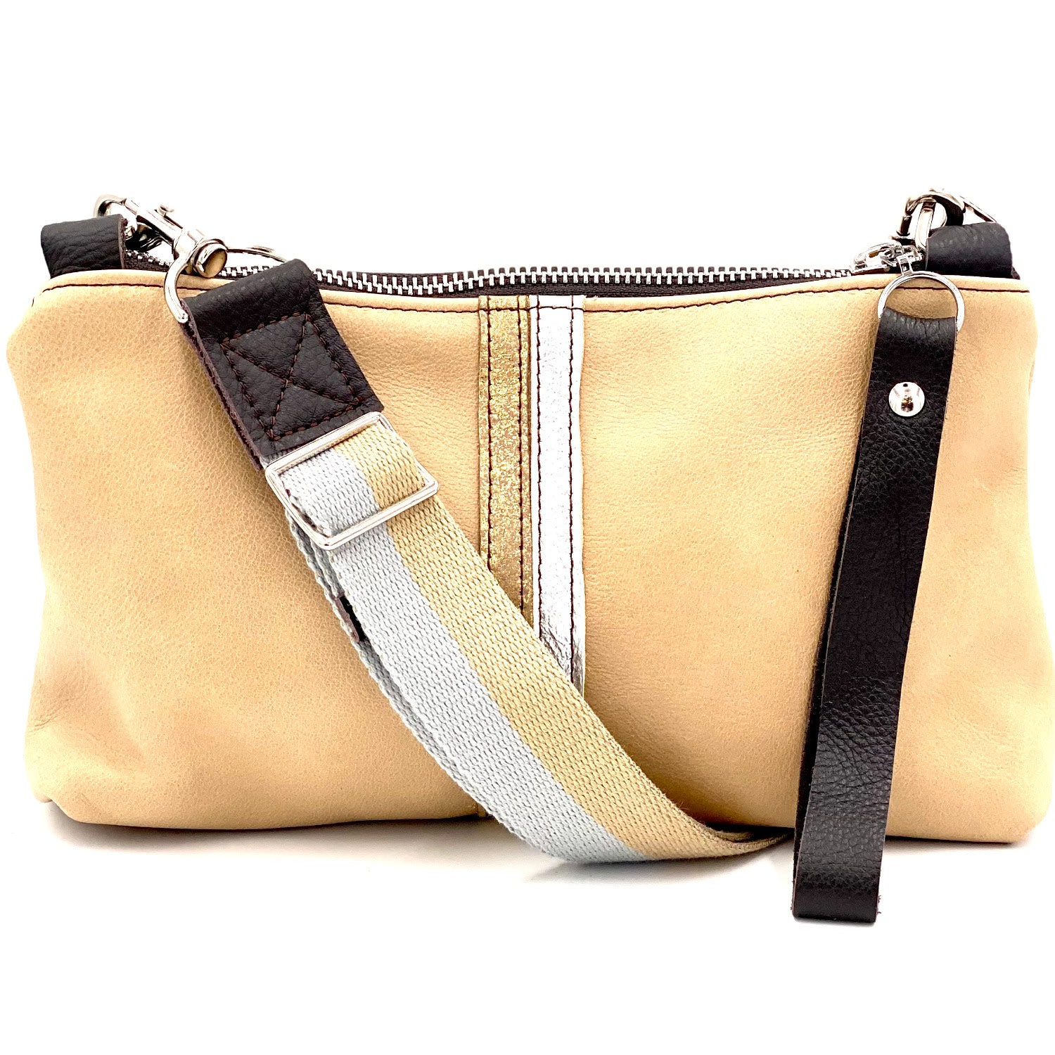 Women’s Neutrals Nancy Crossbody Bag In Cafe Au Lait With Metallic Stripes Lynn Tallerico