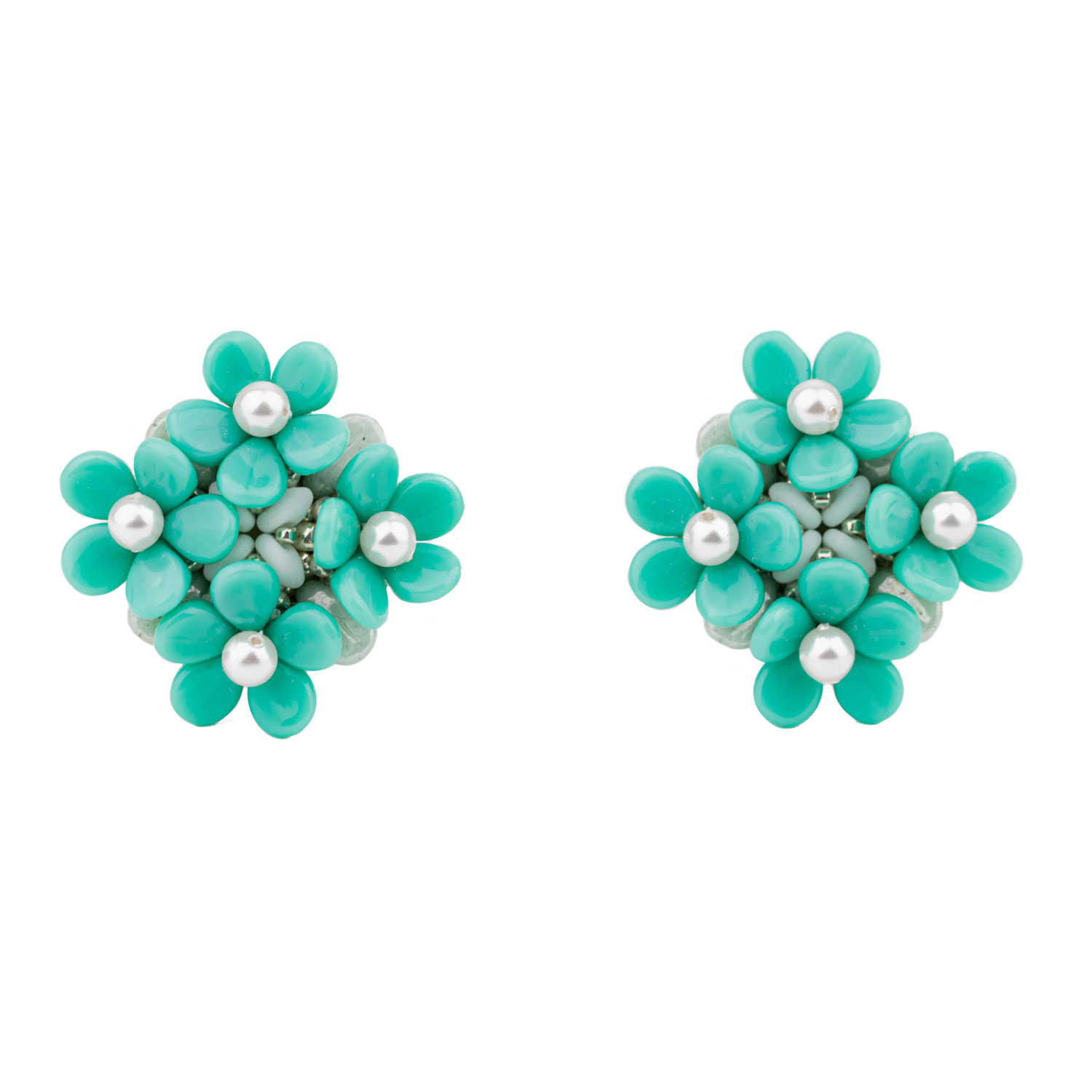 Women’s Blue Turquoise Glass Beads & Silver Flower Earrings Oanasavu. creations