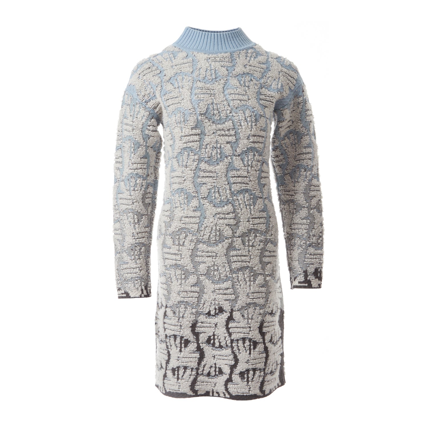 Women’s Blue / White / Grey Fully Fashioning Kora Jacquard Wool Knit Sweater Dress M