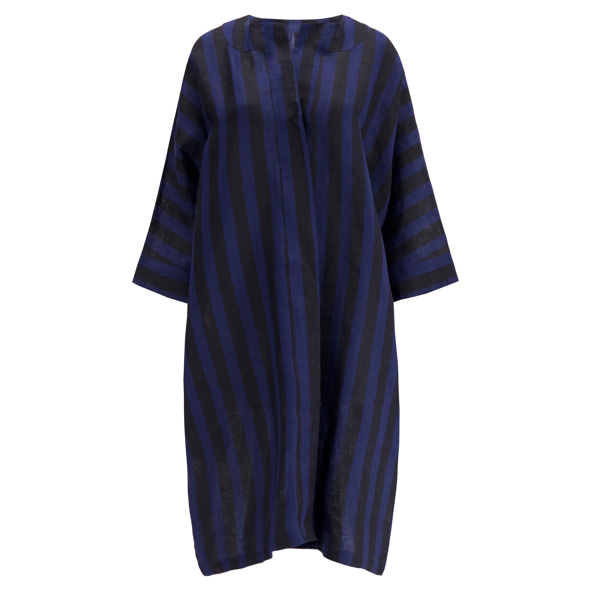 Women’s Black / Blue Toni Open Front Linen Duster Coat With Side Pockets And Three Quarter Sleeves In Midnight Navy Cabana Stripe Block Print One Size Kate Austin Designs