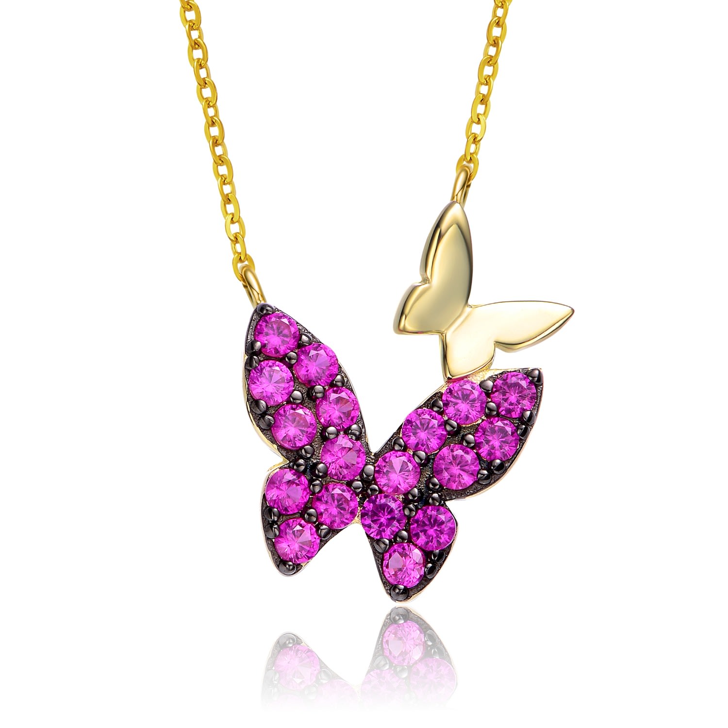 Women’s Sterling Silver Yellow Gold Plated With Ruby Cubic Zirconia Double Butterfly Layering Necklace Genevive Jewelry