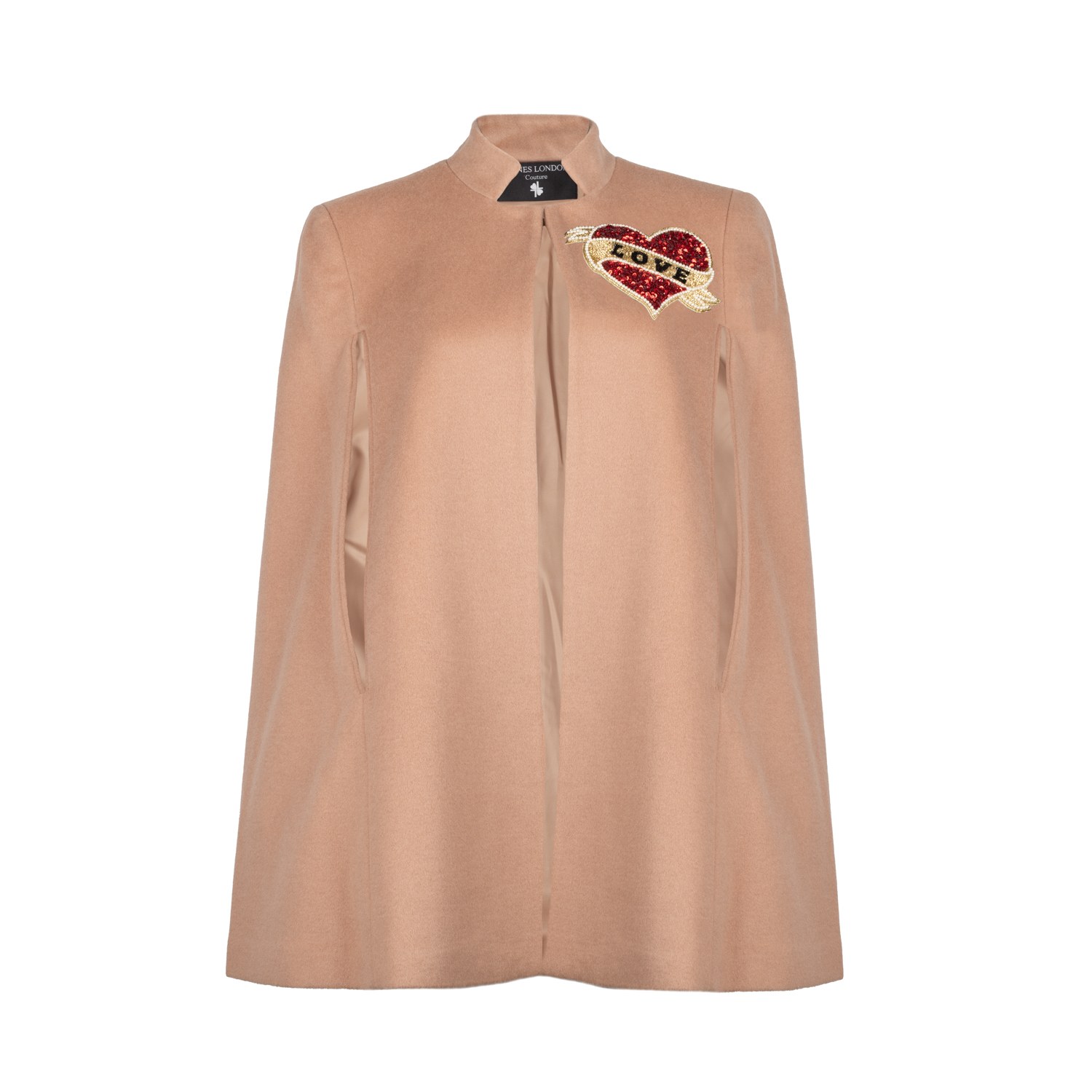 Women’s Neutrals Laines Couture Wool Blend Cape With Embellished Red Love - Camel L/Xl Laines London