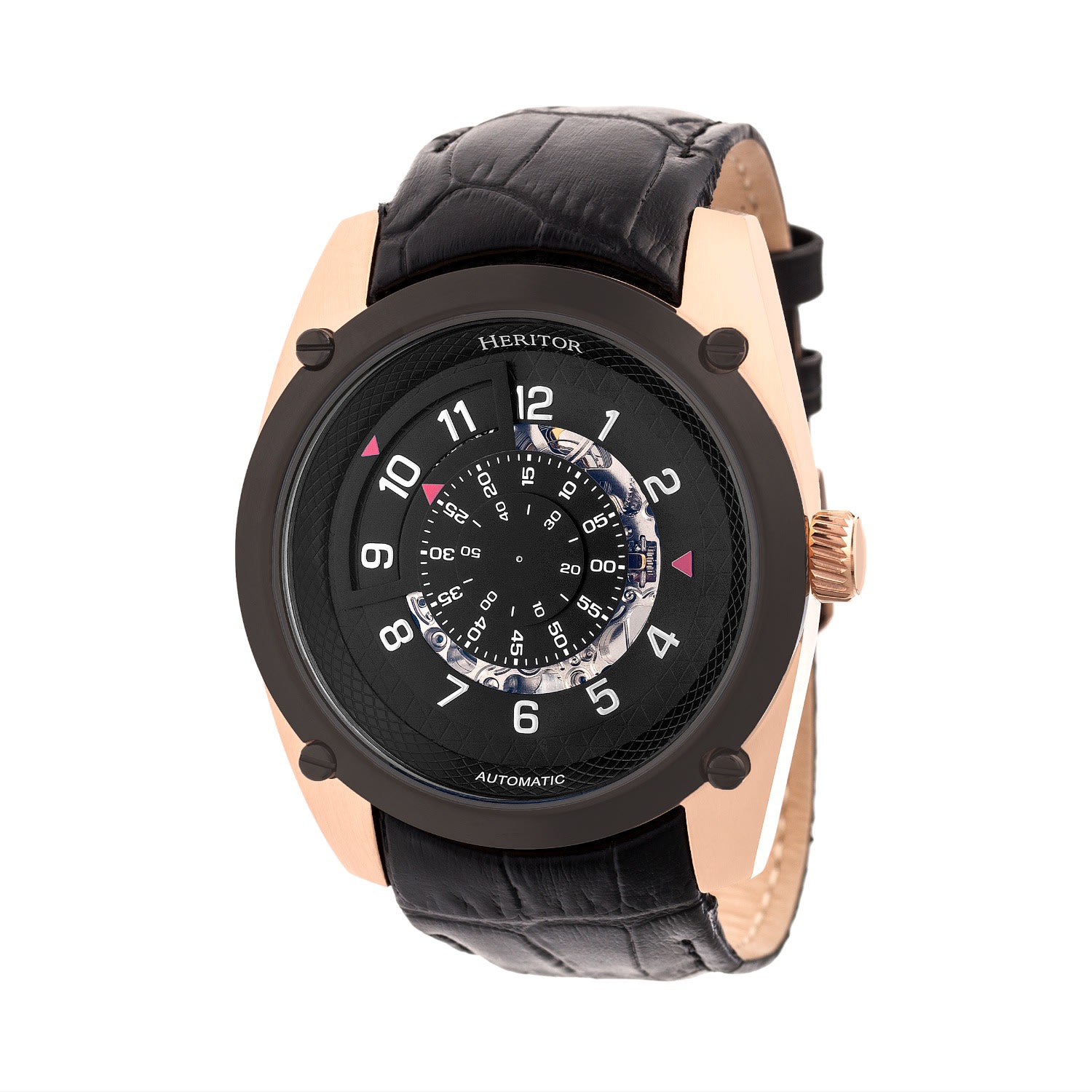 Men’s Daniels Semi-Skeleton Leather-Band Watch - Rose Gold Heritor Automatic