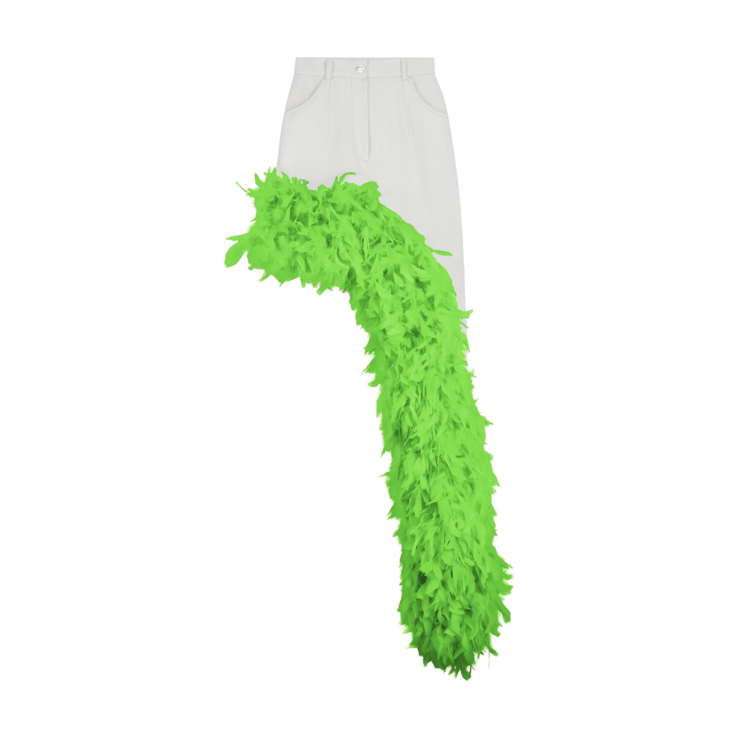 Women’s White / Green White Denim Asymmetrical Green Feather Trim Skirt Large ch
