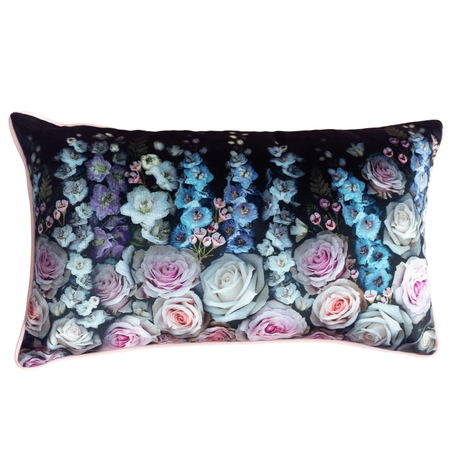 Blue / Black / Pink Rose & Delphinium Cushion Francesca Wild