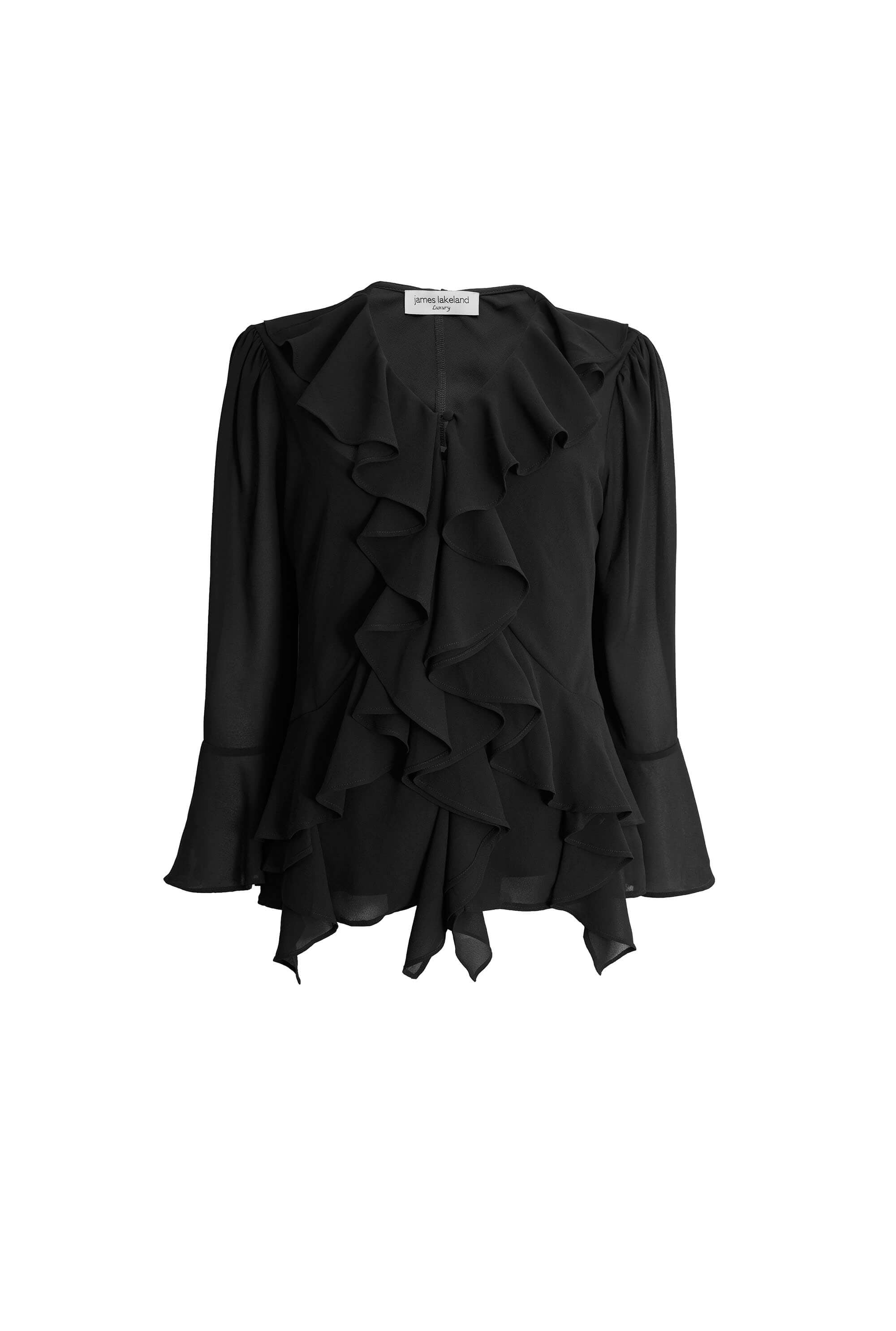 Women’s V-Neck Chiffon Ruffle Blouse In Black Small James Lakeland