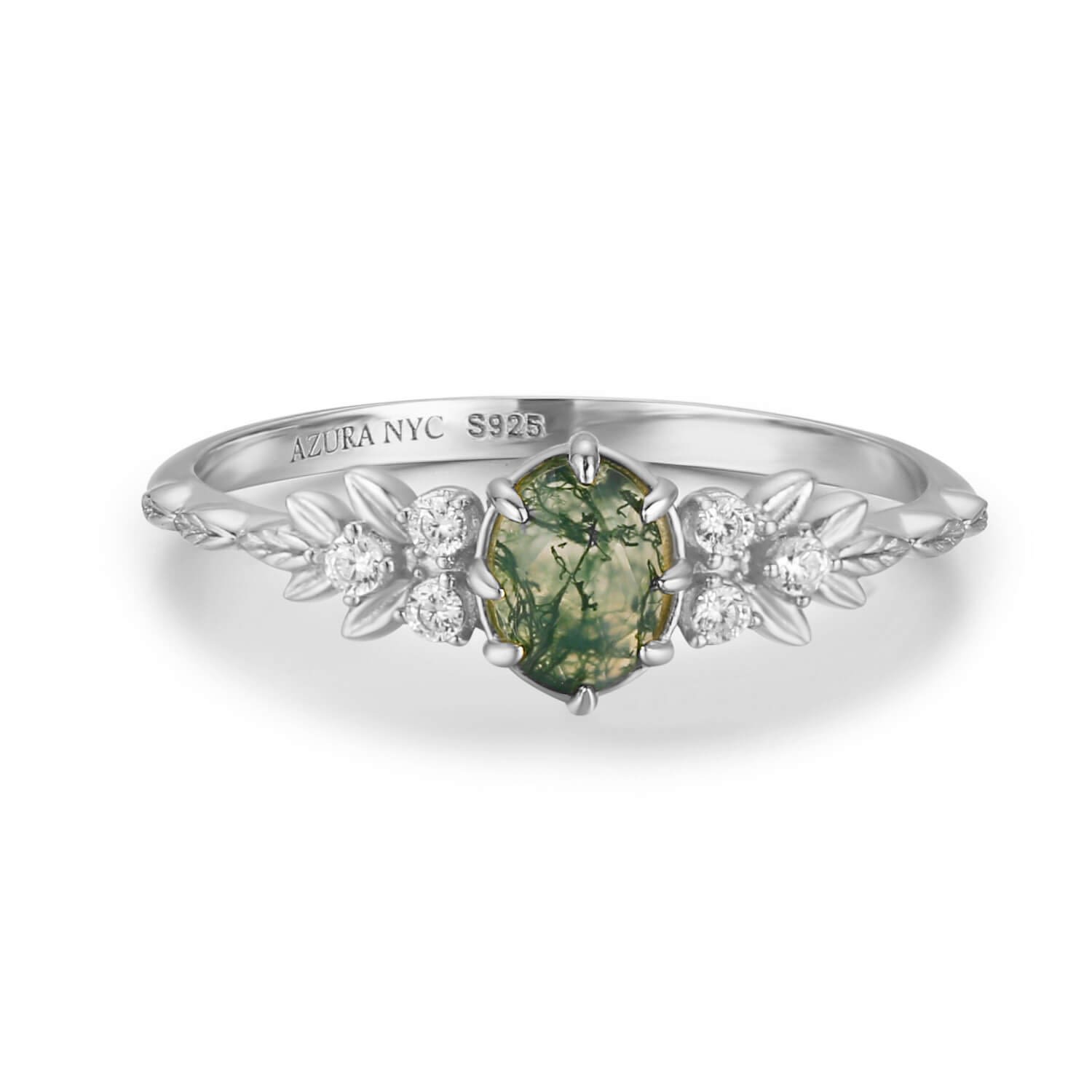 Women’s Silver Wildflower Moss Agate Ring White Gold Vermeil Azura Jewelry New York