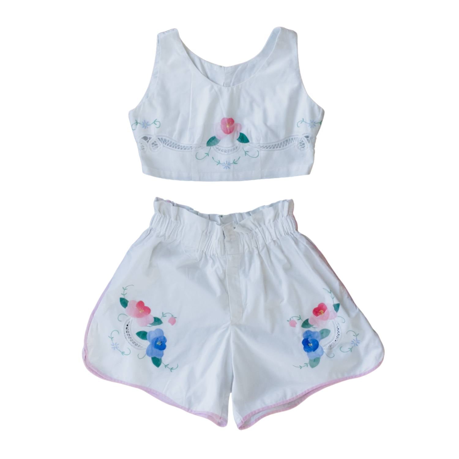 Women’s Vintage Hand-Embroidered Crop Top & Shorts Set With Floral Prints & Pink Lace Border Medium Sugar Cream Vintage