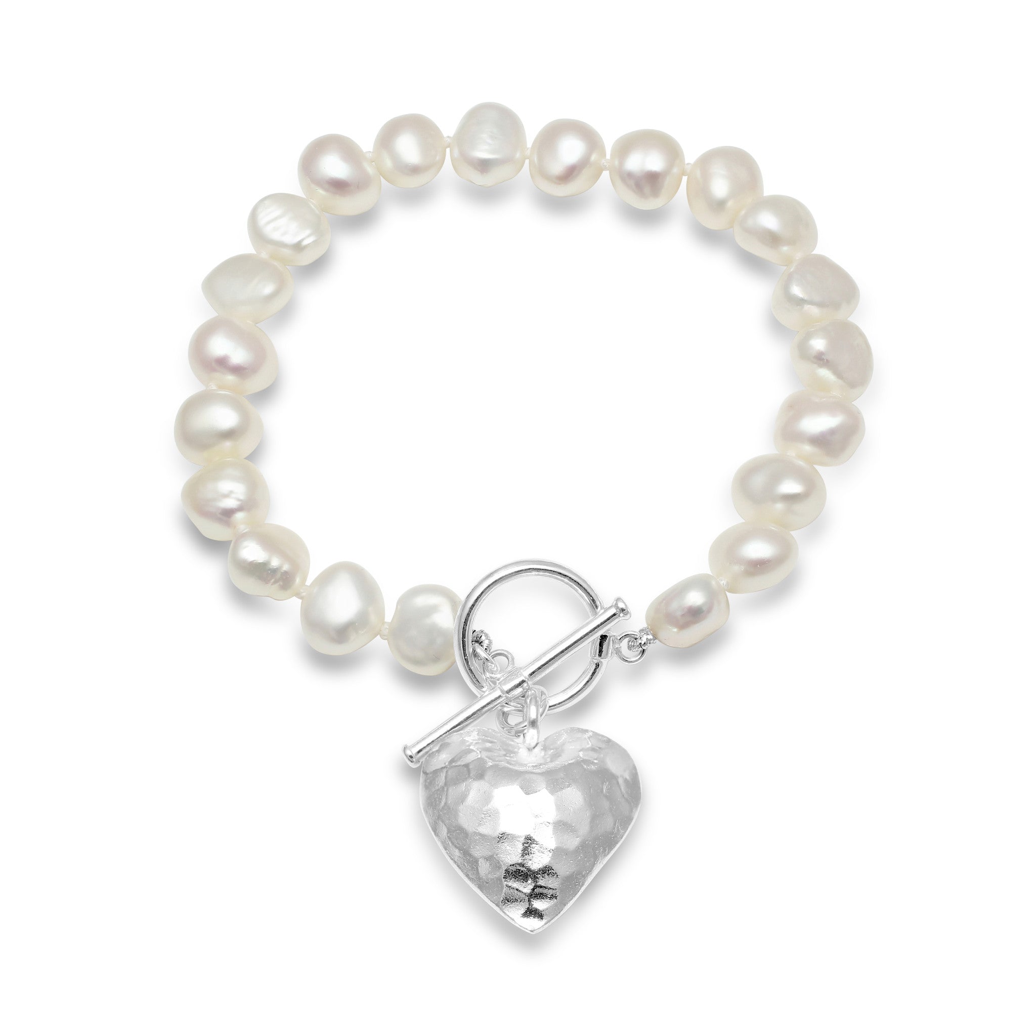 Women’s White / Silver Amare White Cultured Freshwater Pearl Bracelet With Silver Hammered Heart Pendant Pearls of the Orient Online