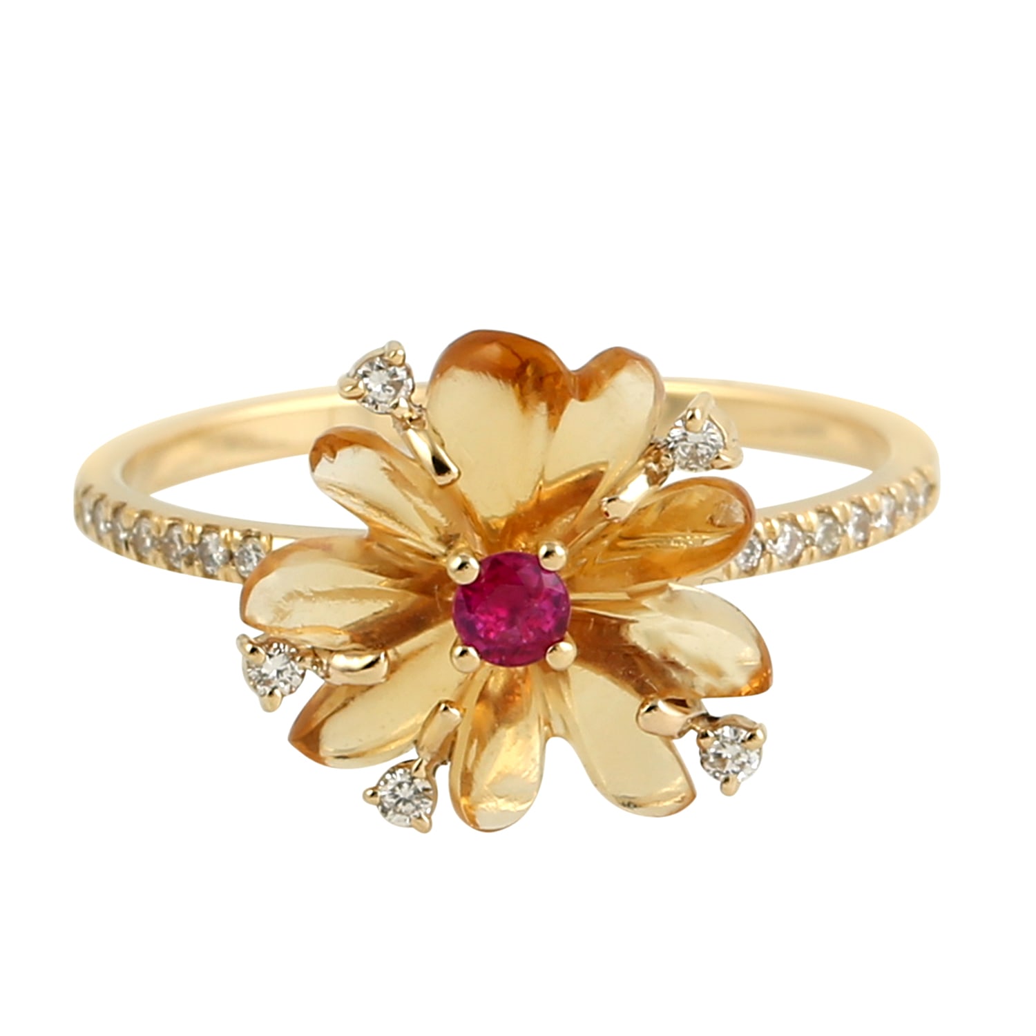 Women’s Forget Me Not Flower Ring Carved Mix Stone & Ruby With Pave Diamond Accent In 18K Gold Artisan