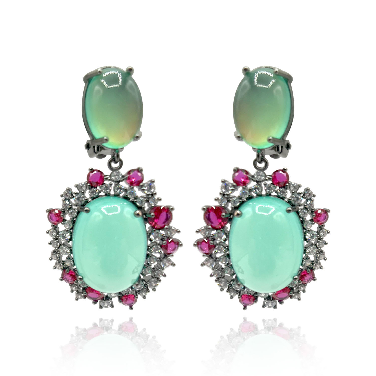 Women’s Pink / Purple / Green Black Rhodium Earrings With Green Opal Glass, Pink Ruby, And Clear Crystal Michael Nash Jewelry