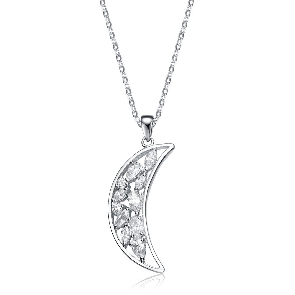 Women’s White / Silver Sterling Silver White Cubic Zirconia Moon-Shaped Pendant Genevive Jewelry