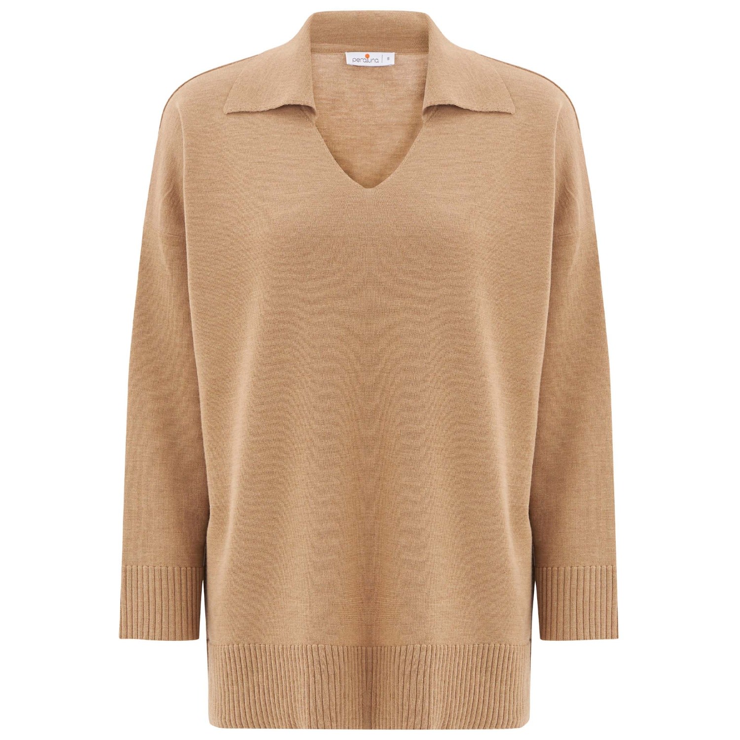 Women’s Brown Polo V Neck Wide Sleeve Loose Fit Knit Pullover - Camel Melange Large Peraluna