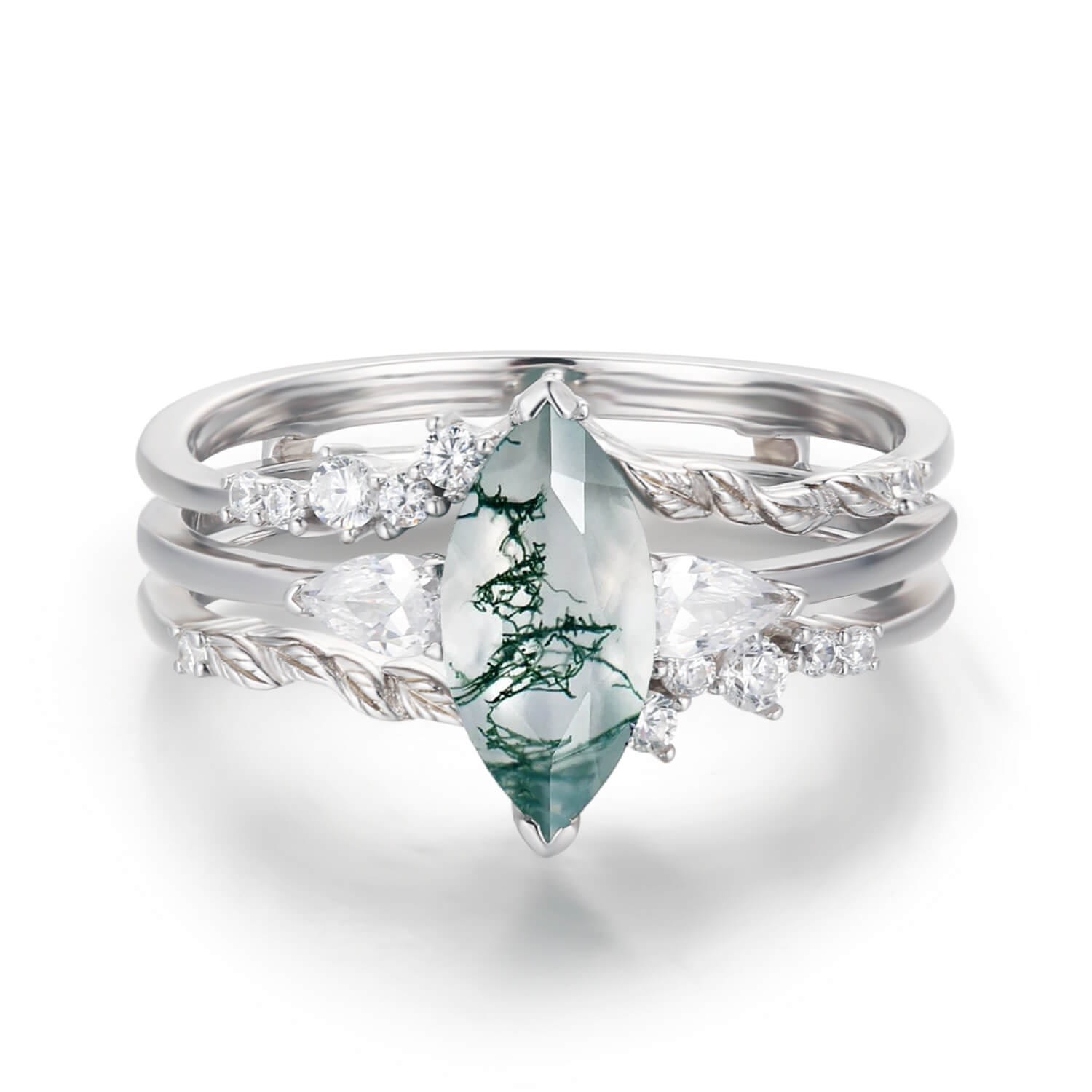 Women’s Silver Sonoran Sunrise Moss Agate White Gold Vermeil Ring Set Azura Jewelry New York