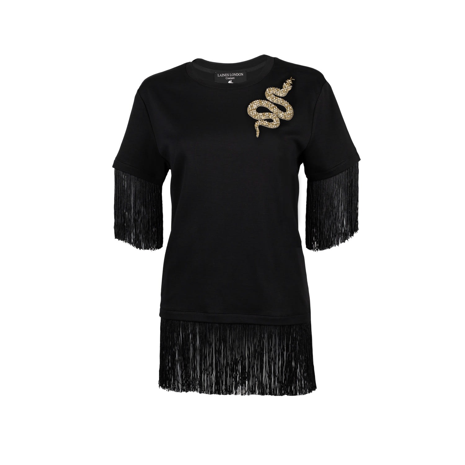 Women’s Laines Couture Fringed Tassel T-Shirt With Embellished Snake - Black S/M Laines London