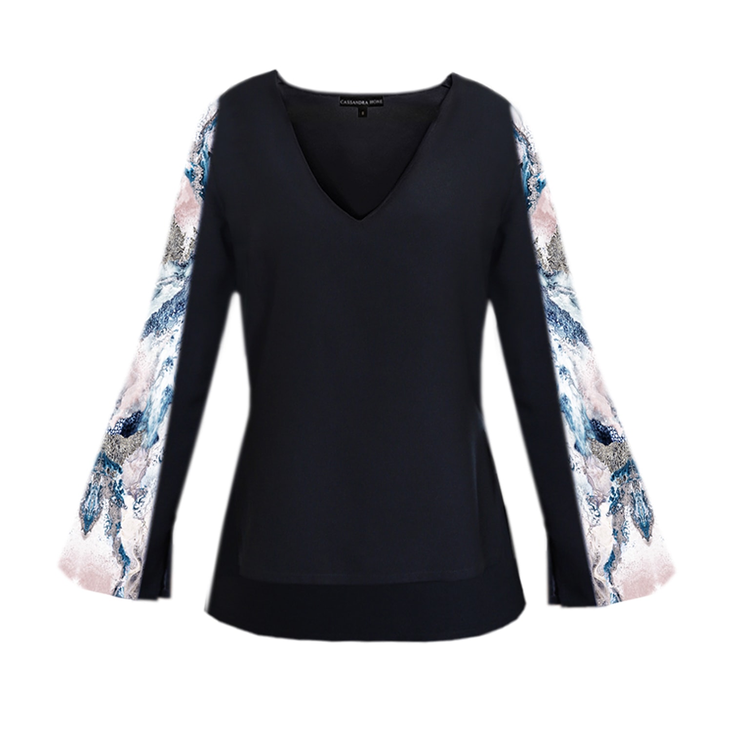 Women’s Black / White / Pink Black Crepe Blouse With Silk Printed Sleeves Small Cassandra Hone