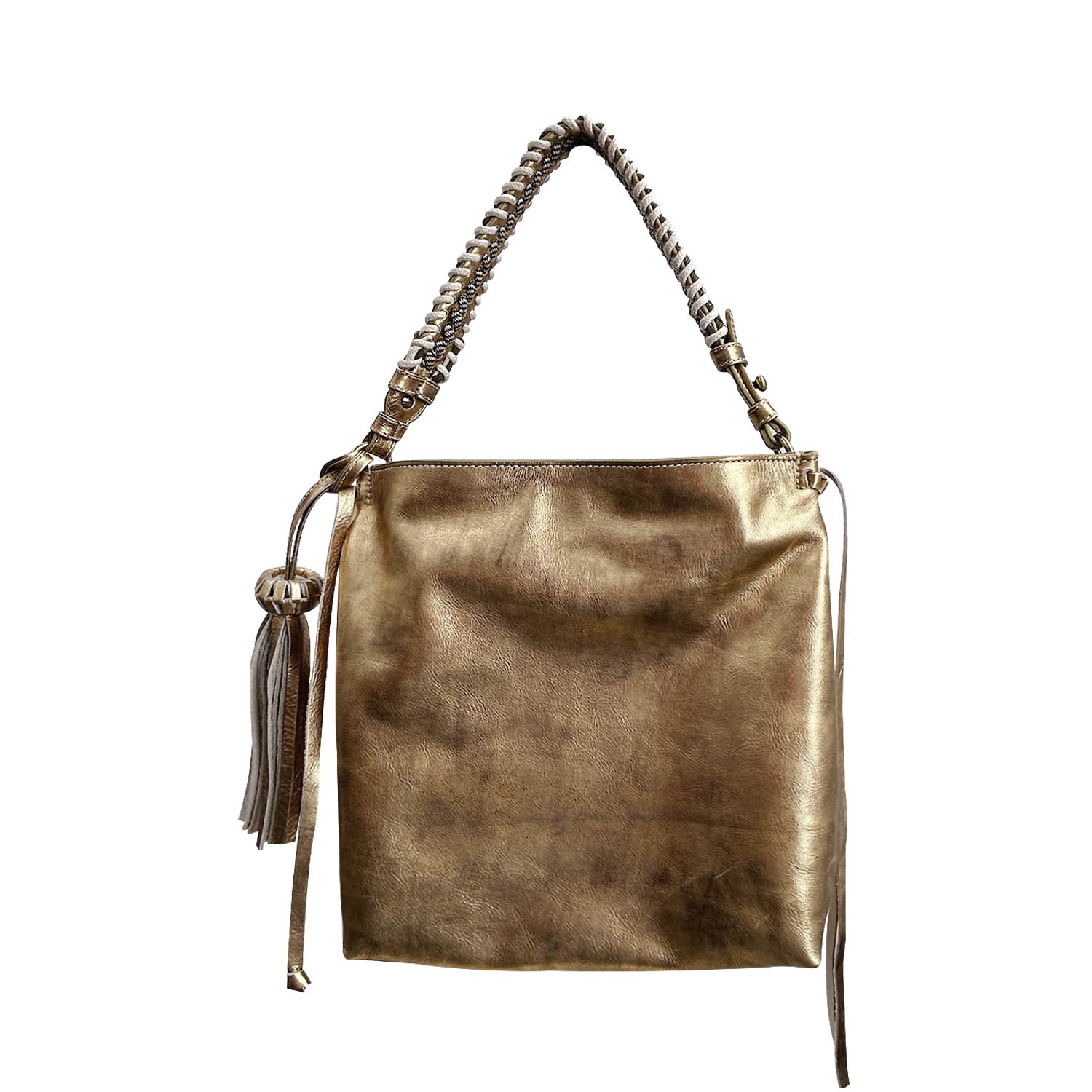 Women’s Mini Bacalar Metallic Gold Soft Leather Slouchy Hobo With Detachable Woven Strap Bixi Awotan