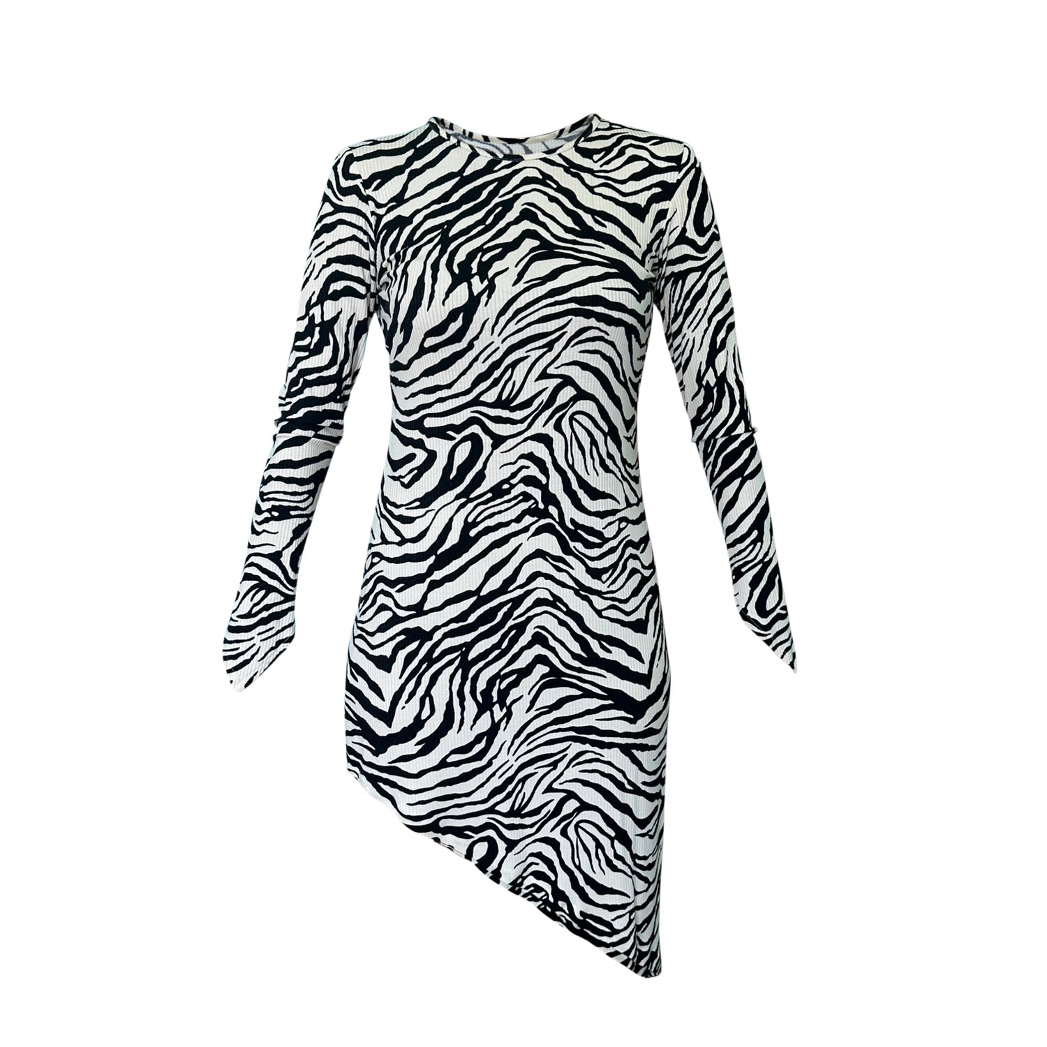 Women’s Zebra Print Cotton Jersey Long Sleeve Asymmetric Bodycon Mini Dress Medium Janara Jones