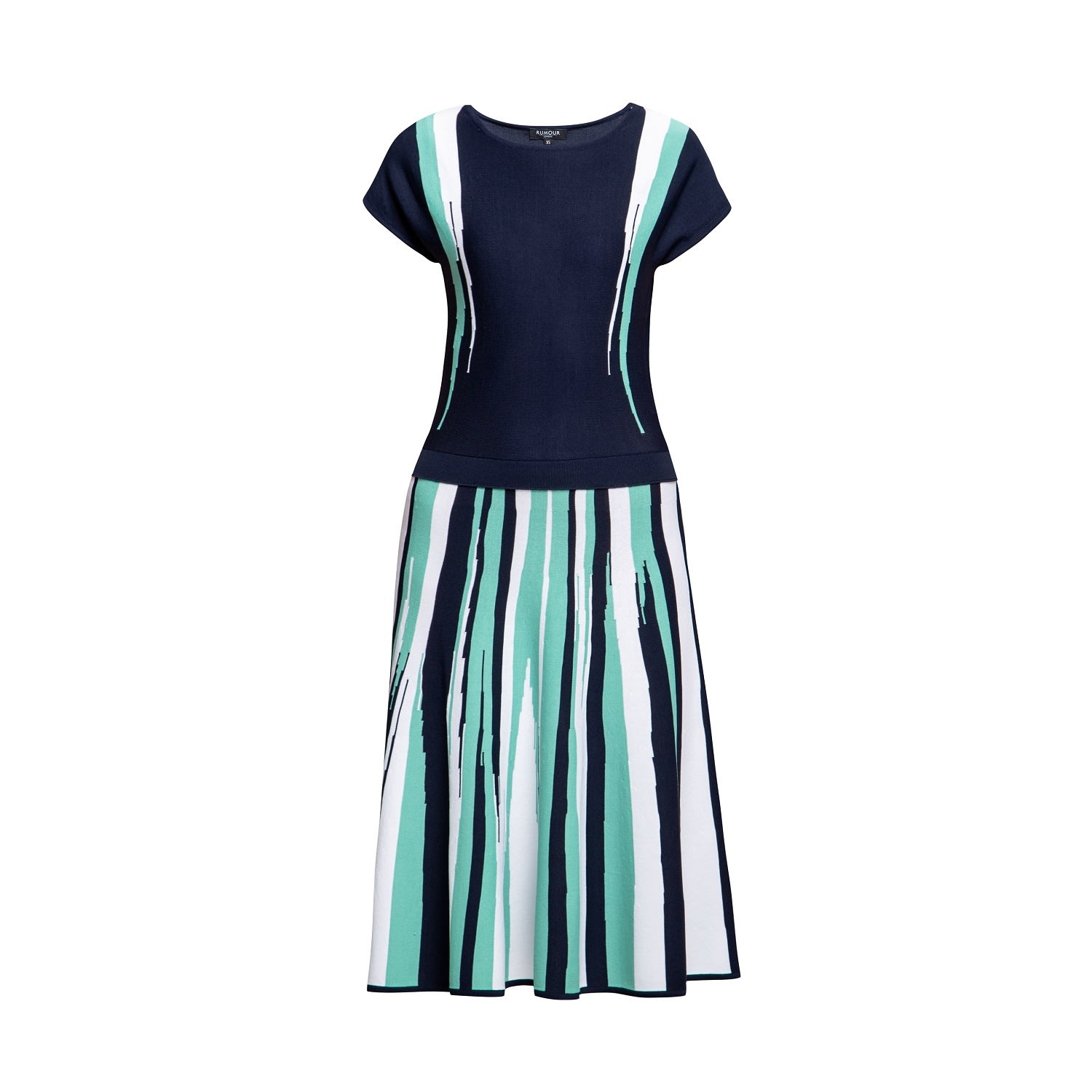 Women’s Green / Blue / White Iris Striped Knitted Fit And Flare Dress In Navy And Turquoise Small Rumour London