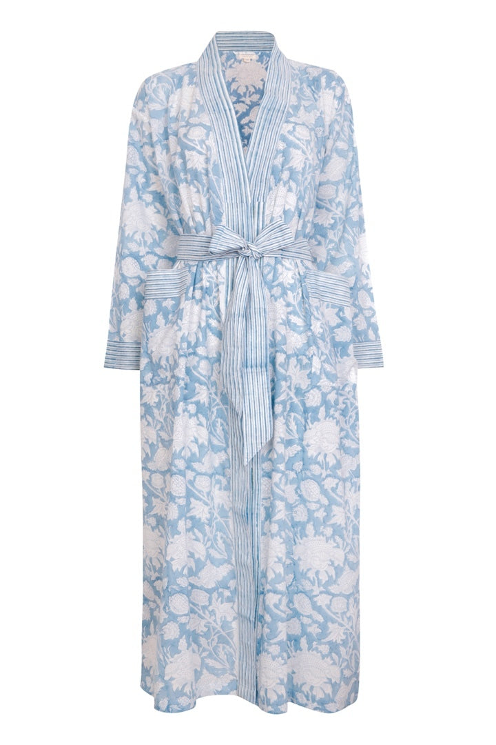 Women’s Hand Printed Cotton Kimono Robe - De Nimes Blue Extra Small Nologo-Chic