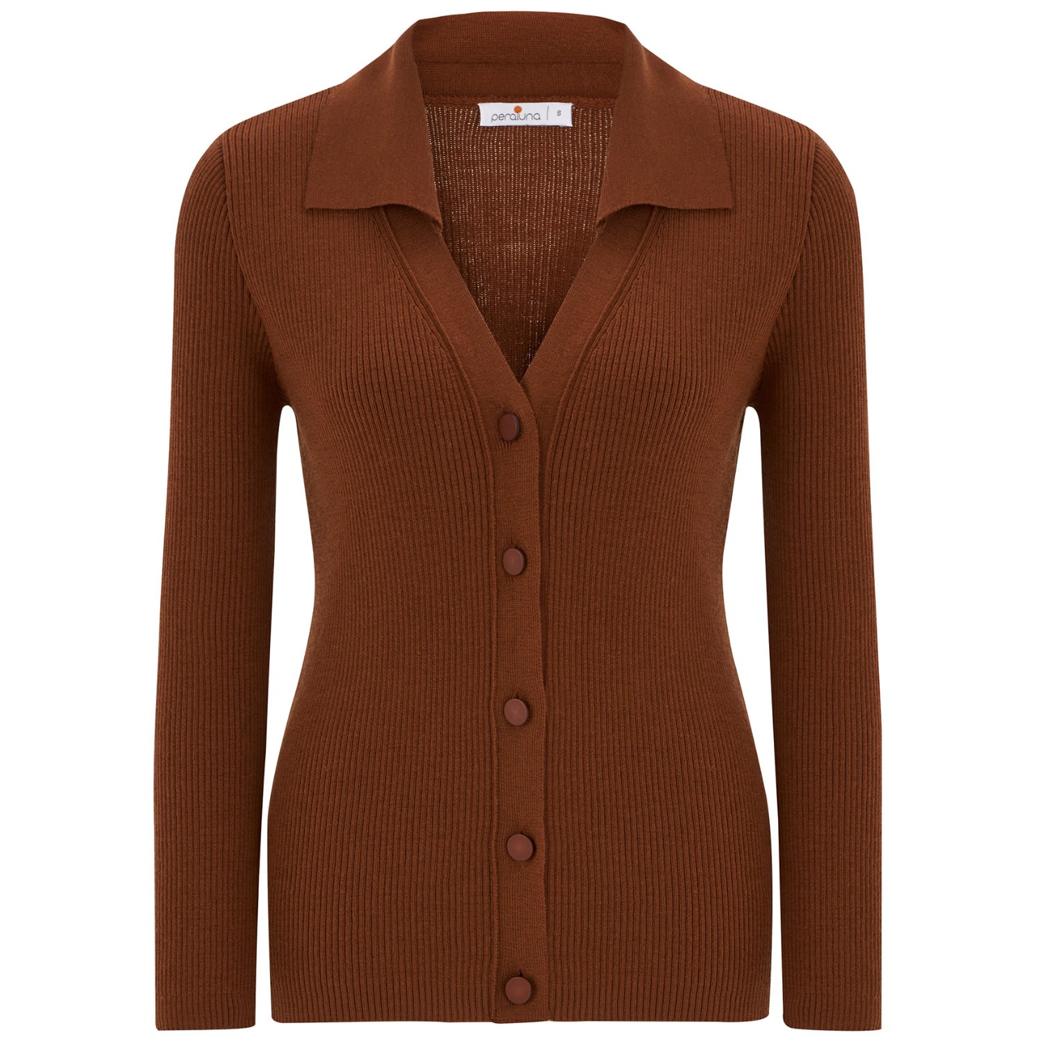 Women’s Brown Polo V-Neck Ribbed Knit Cardigan - Burnt Umber Medium Peraluna
