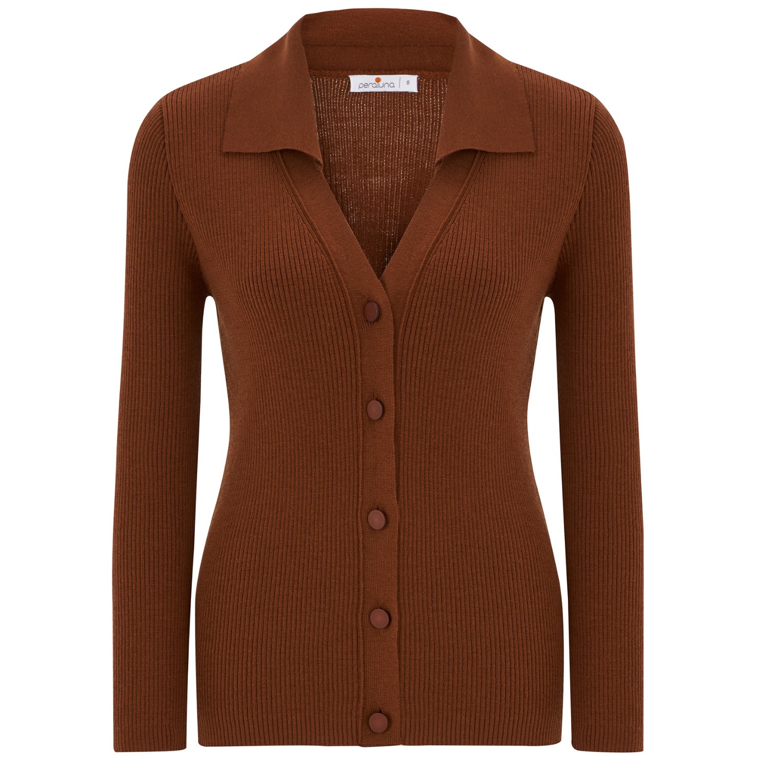 Women’s Brown Polo V-Neck Ribbed Knit Cardigan - Burnt Umber Small Peraluna