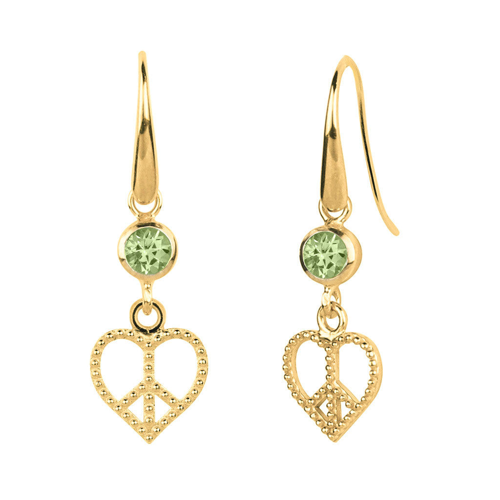 Women’s Peace Heart Gold Vermeil Drop Earrings - Peridot Charlotte’s Web Jewellery