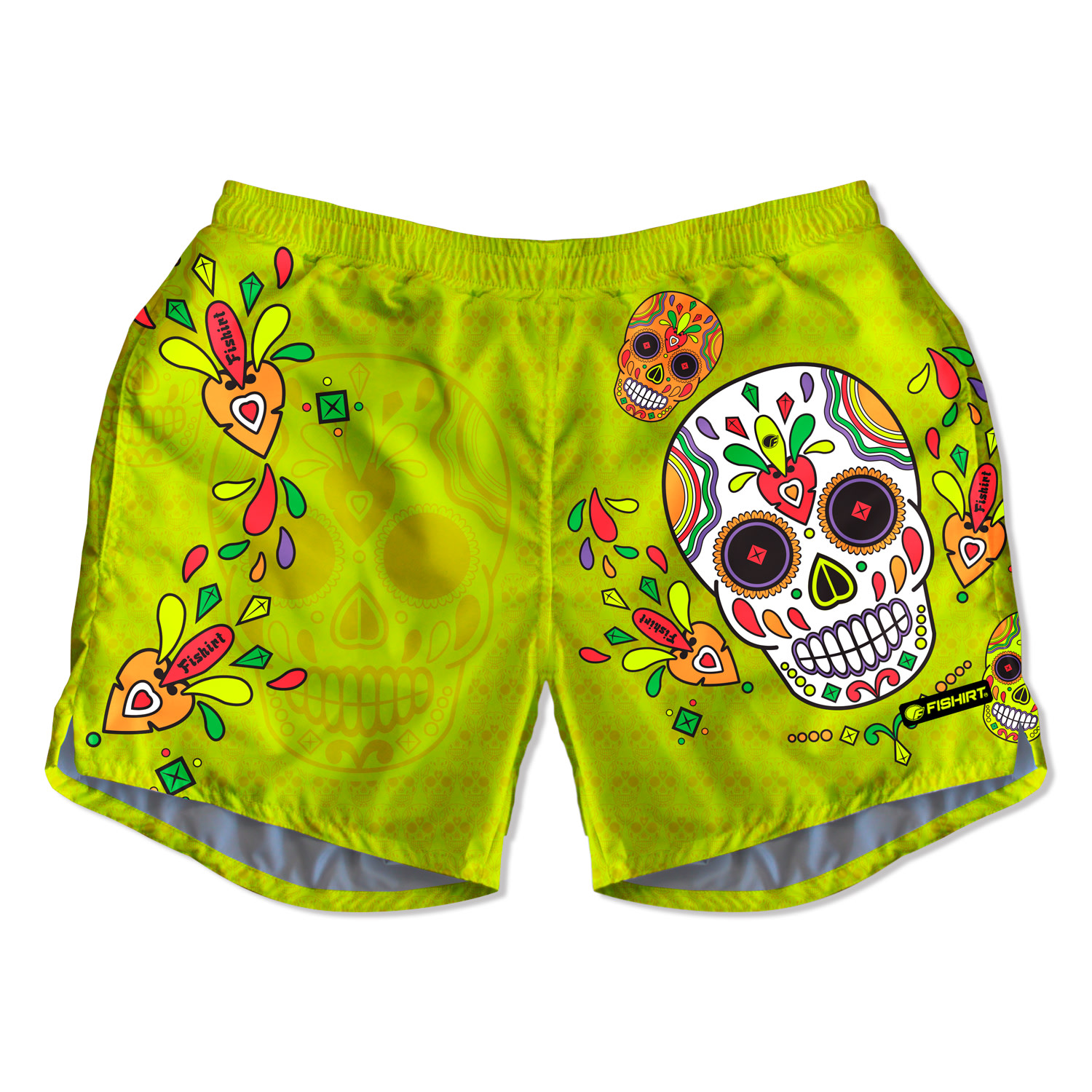 Men’s Yellow / Orange Swim Shorts Mexican Skull Graphic - Muertos Style Yellow Extra Large Fishirt