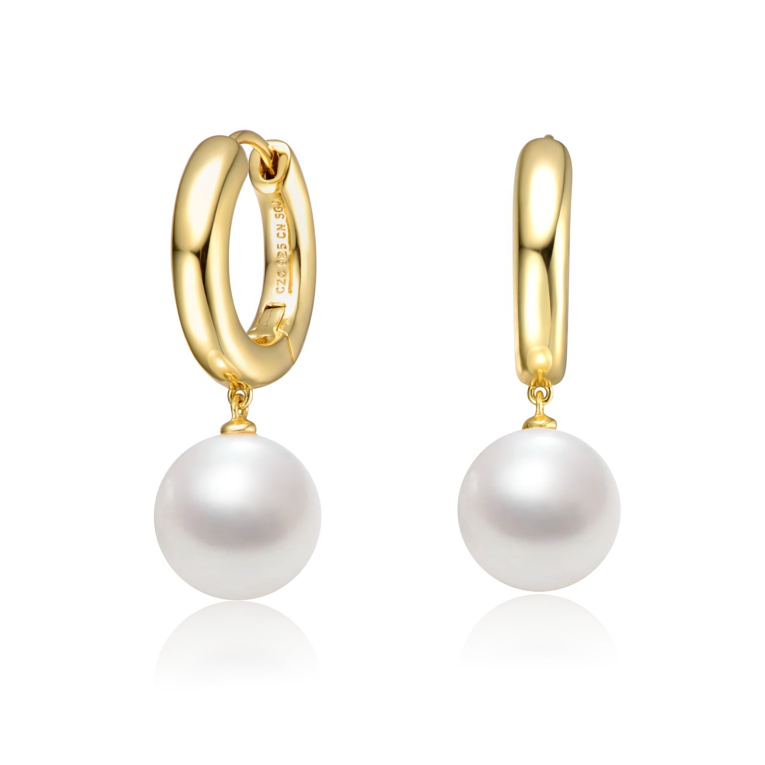 Women’s Sterling Silver Yellow Gold Plated White Pearl Drop Huggie Hoop Earrings Genevive Jewelry
