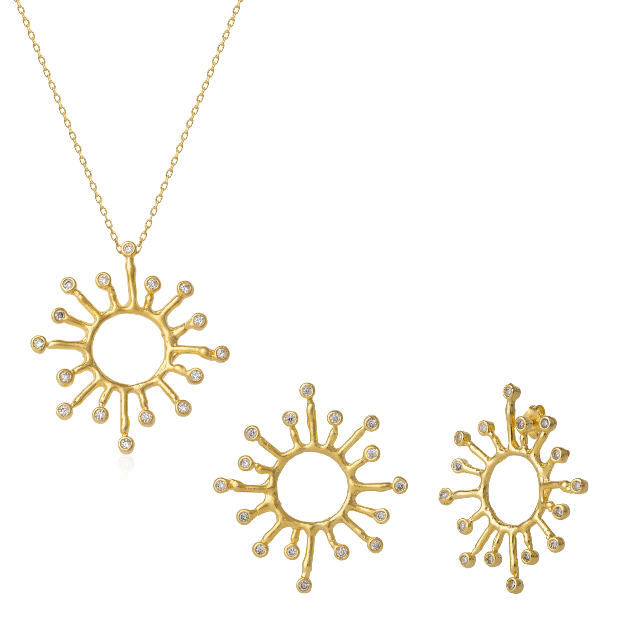 Women’s Sun Sunburst Large Textured Molten Sterling Silver Earring & Necklace Set - Gold Spero London