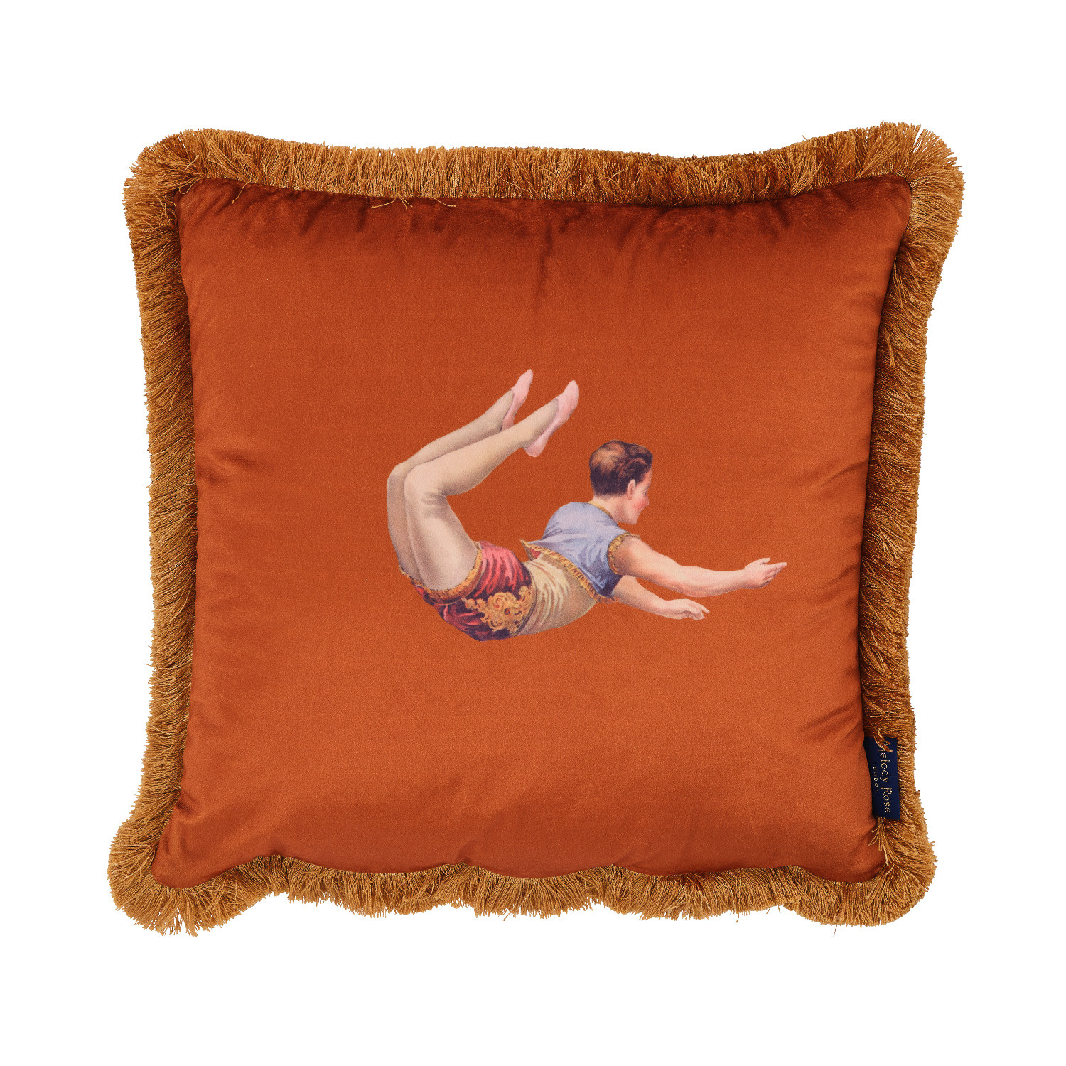 Yellow / Orange / Gold Trapeze Boy & Stripes Fringe Velvet Cushion Burnt Orange Melody Rose London