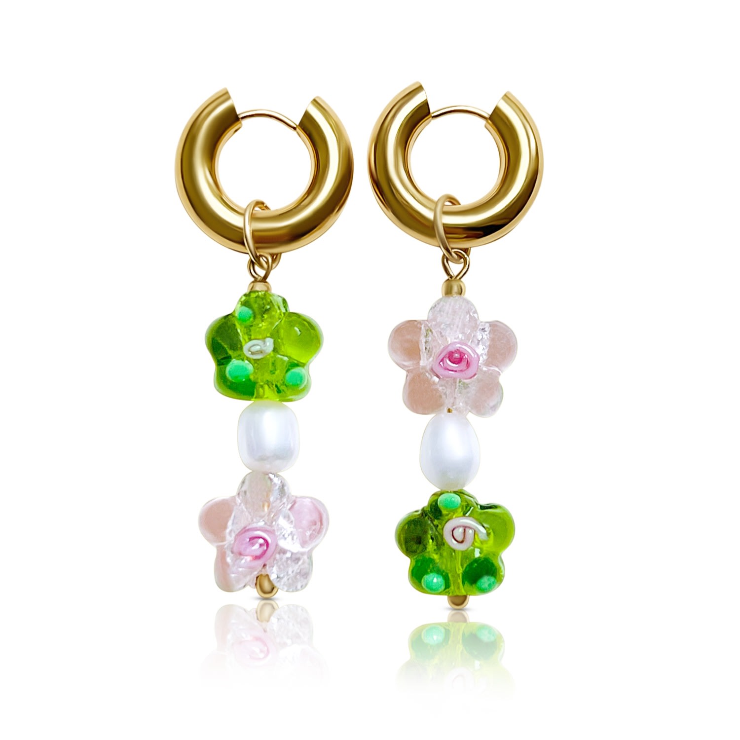 Women’s Gold Glass Flower Asymmetric Chunky Hoops - Pink/Apple Green Gabi the Label