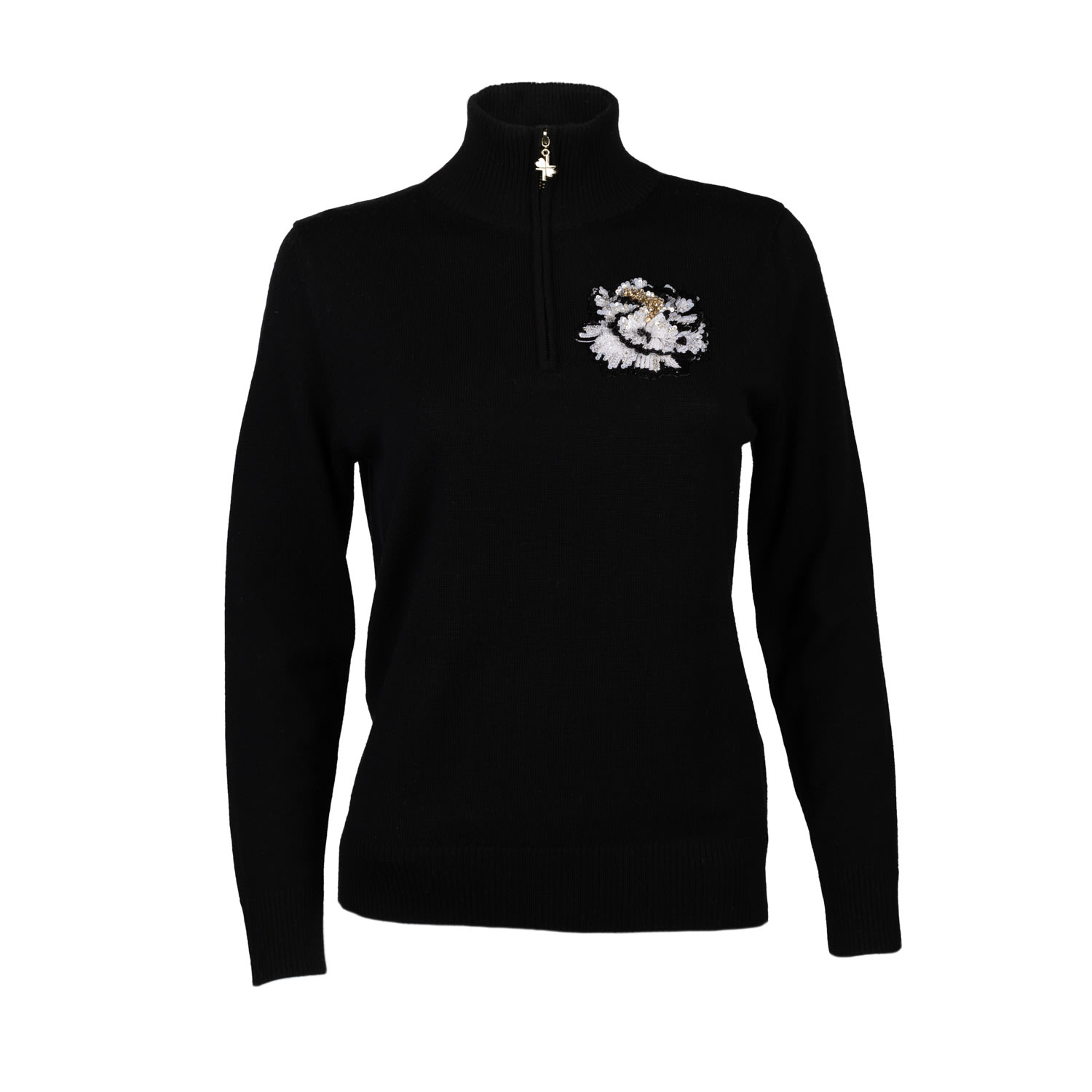 Women’s Laines Couture Quarter Zip Jumper With Embellished Black & White Peony - Black Large Laines London