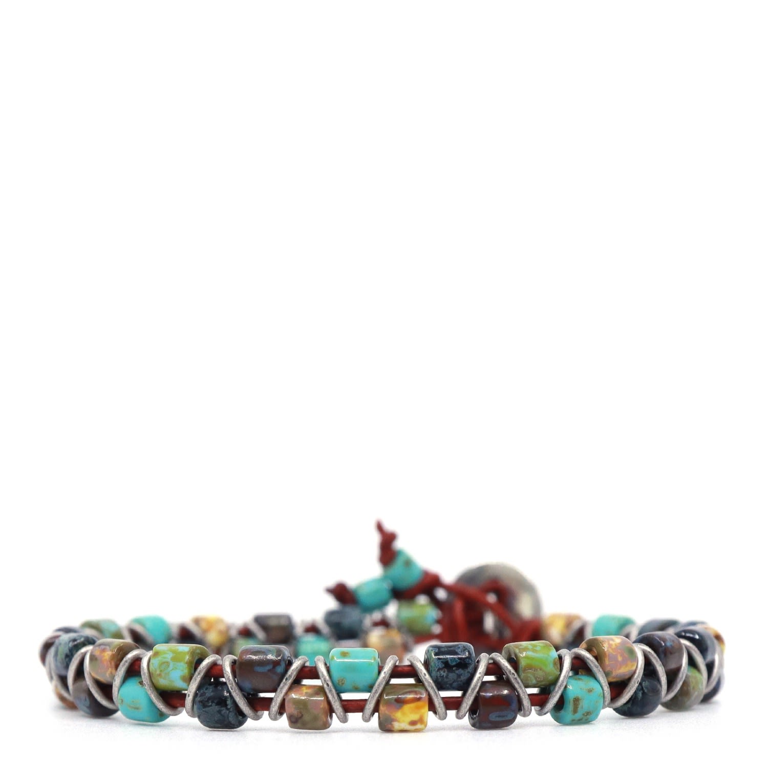Men’s Green / Red / Yellow Turquoise, Yellow & Black Picasso Czech Beads & Red Leather Beaded Bracelet Shar Oke