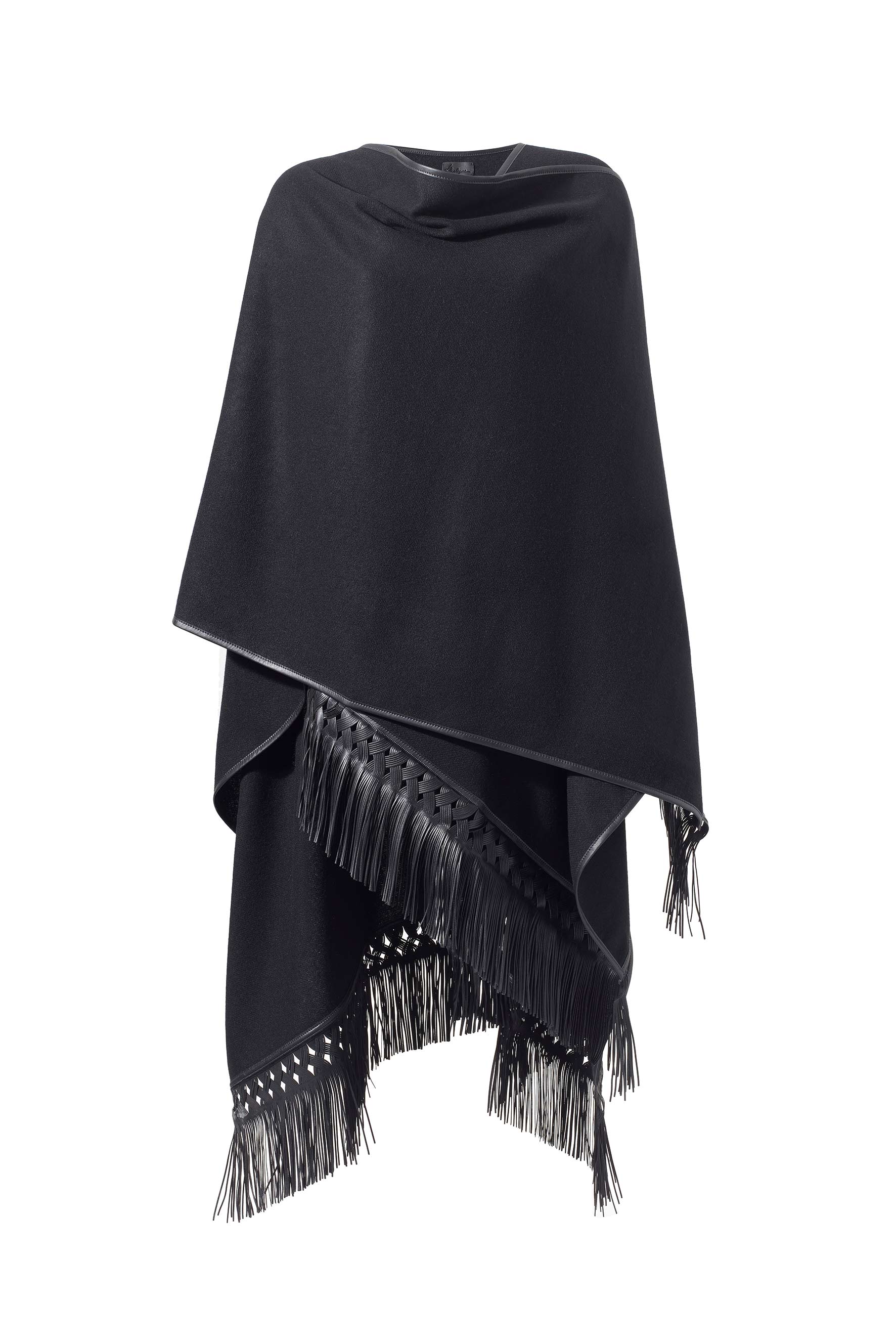 Women’s Cashmere Cape With Braided Leather Fringe - Black Medium Fameed Khalique Ltd