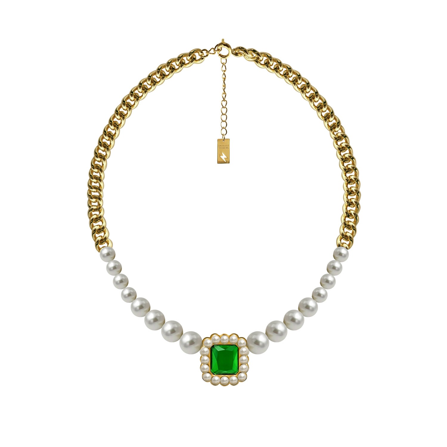 Women’s White / Gold / Green Pearl Necklace Green Cz Gold Charlott Vasberg