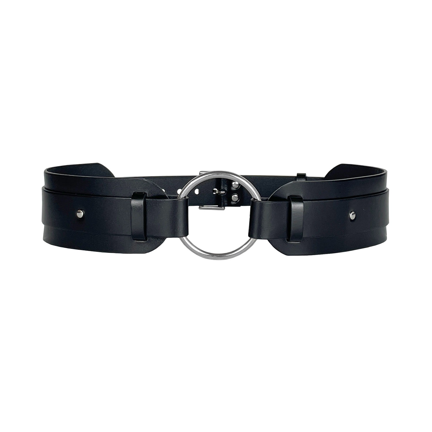 Women’s Black O Ring Waist Leather Belt Large Haute Cuir