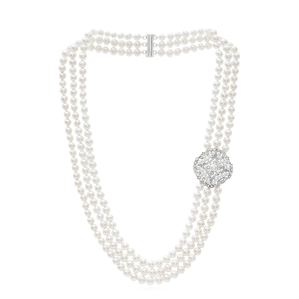 Women’s White Stella Triple Strand Cultured Freshwater Pearl Necklace With Vintage Style Pave & Pearl Clasp Pearls of the Orient Online
