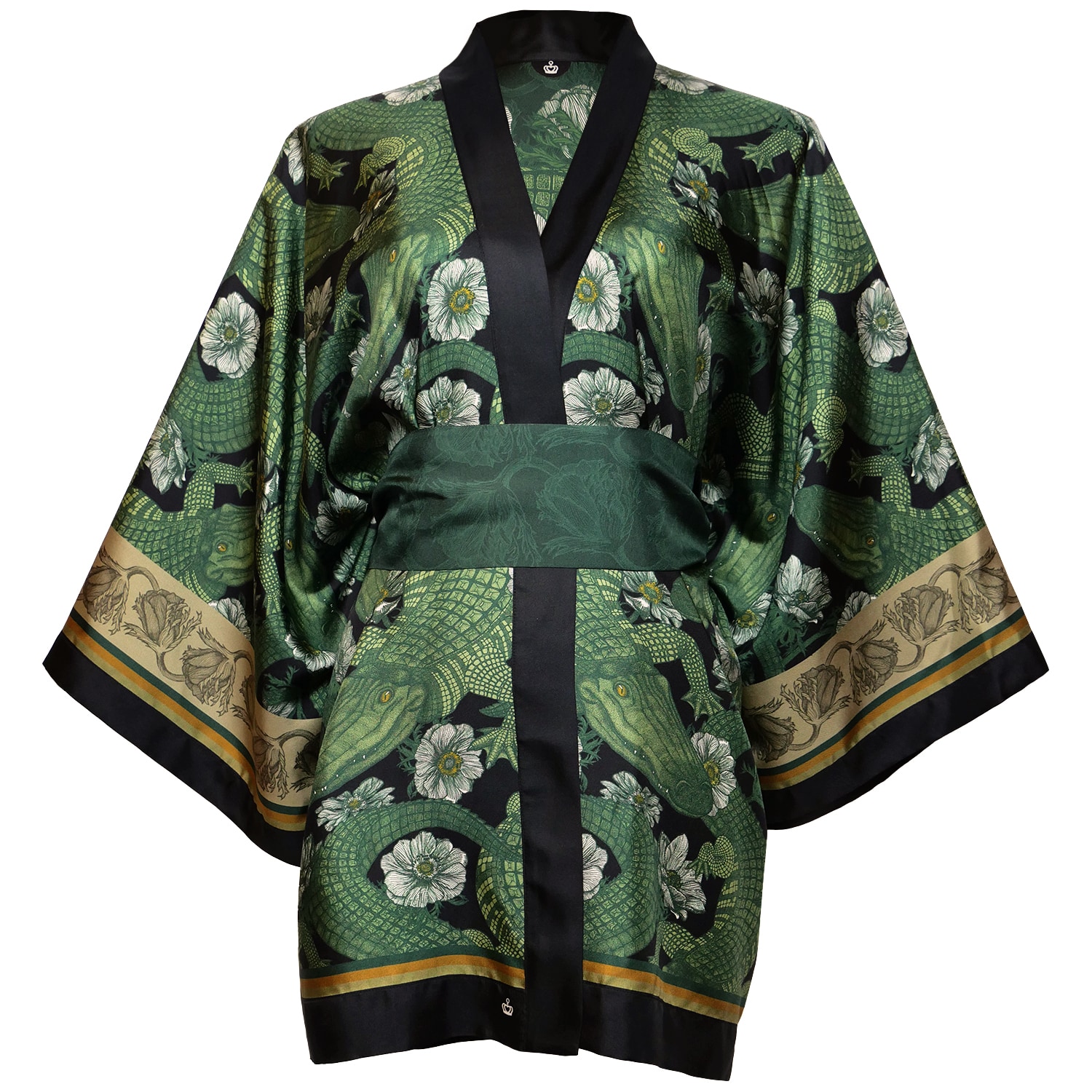 Women’s Black / Green / White Silk Kimono Jacket - Alligator One Size Kueen