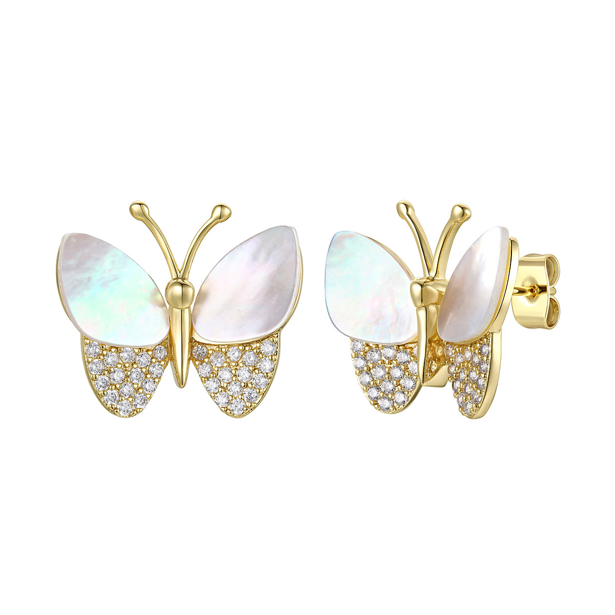 Women’s White / Gold Sterling Silver Large Gold Plated With Mother Of Pearl & Cubic Zirconia Butterfly Stud Earrings Genevive Jewelry