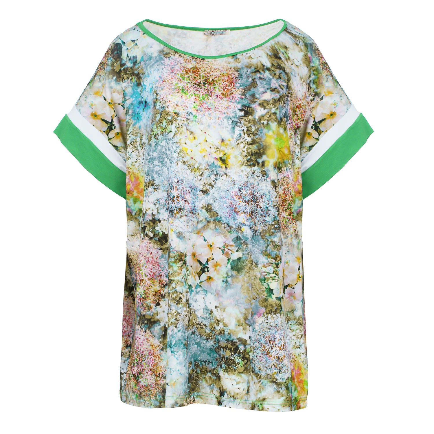 Women’s Green Floral Stretch Jersey Short Sleeve Top Plus Size Small Conquista